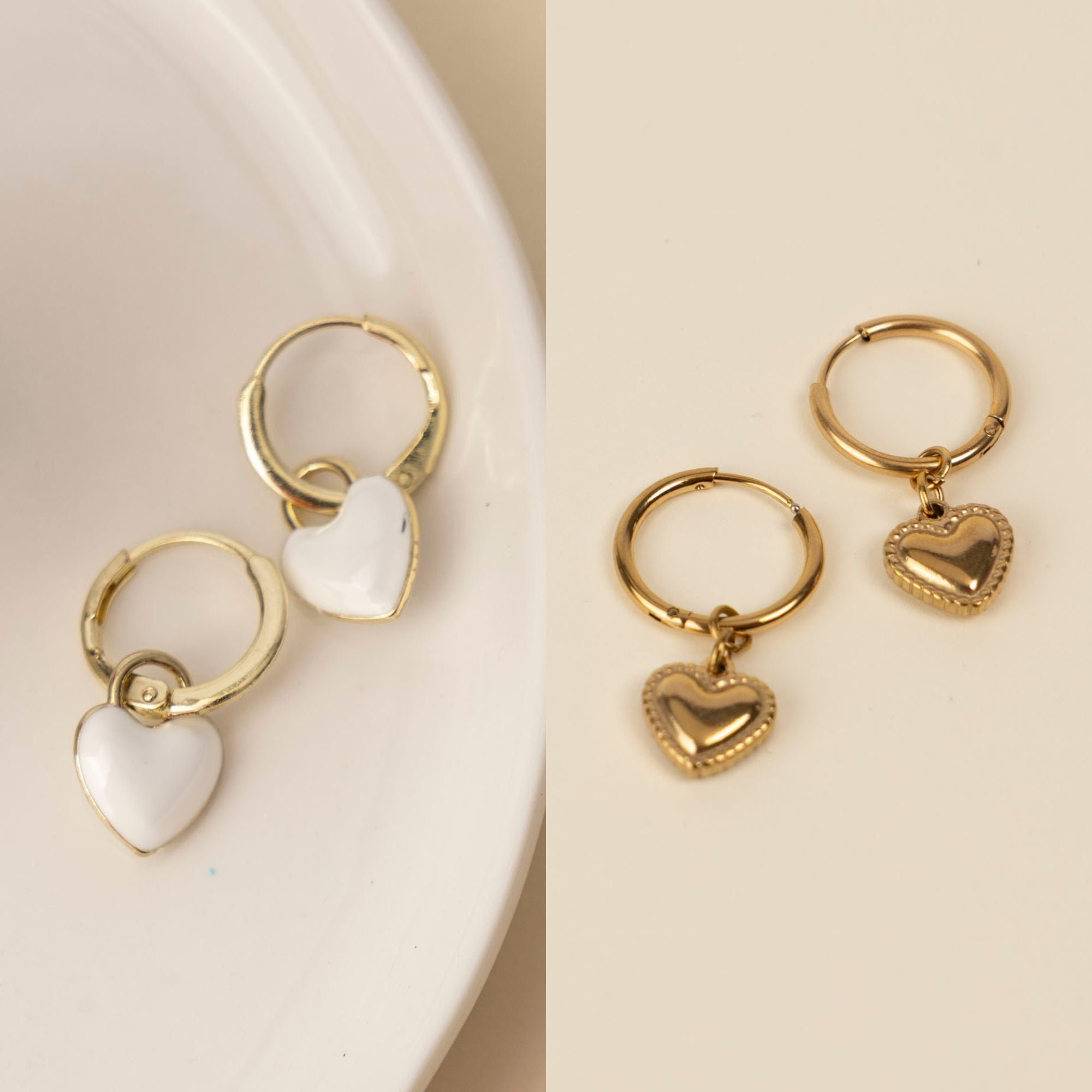 Stainless Steel Dainty Heart Earrings (White Enamel or Gold)