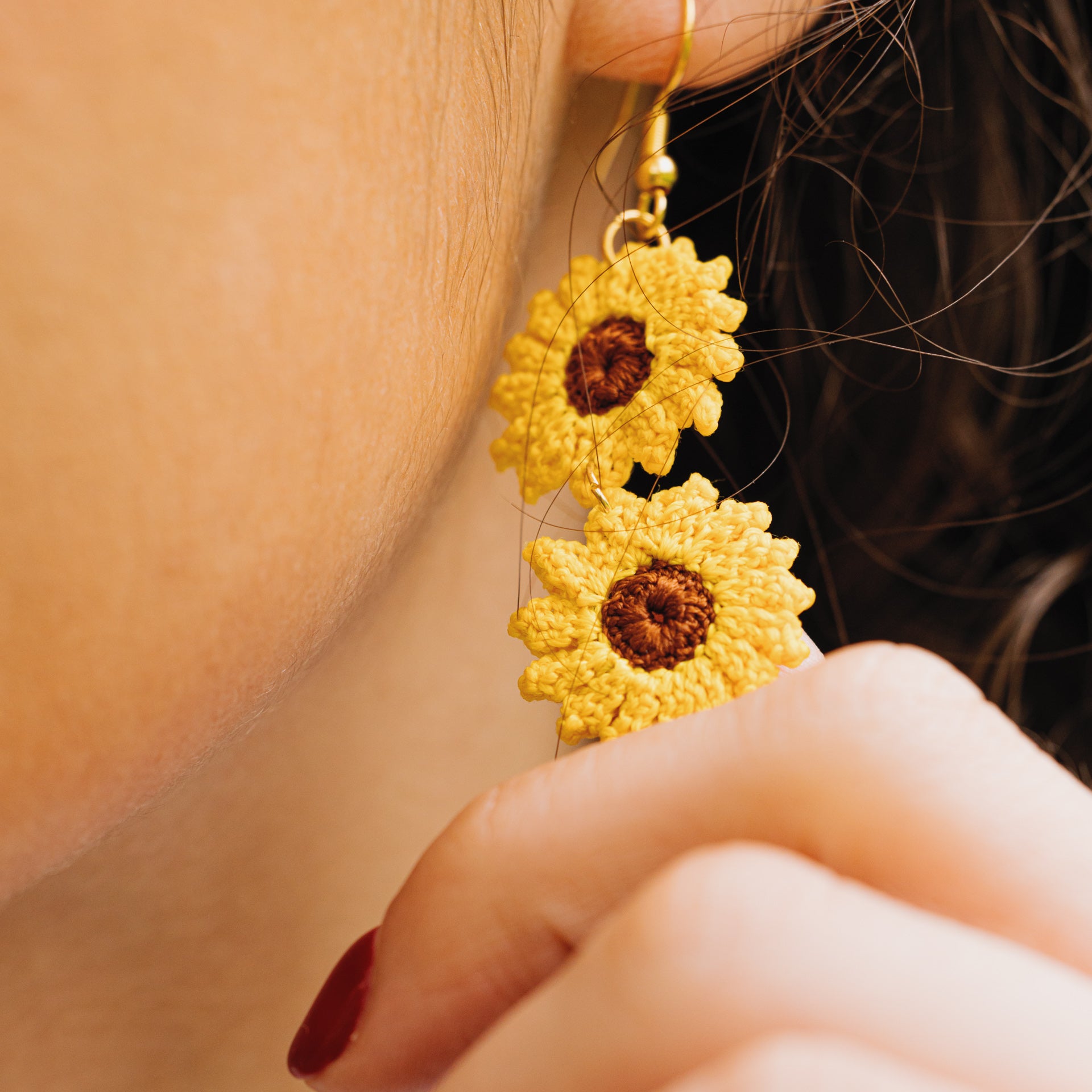 Micro Crochet Sunflower Earrings (single or double drop)