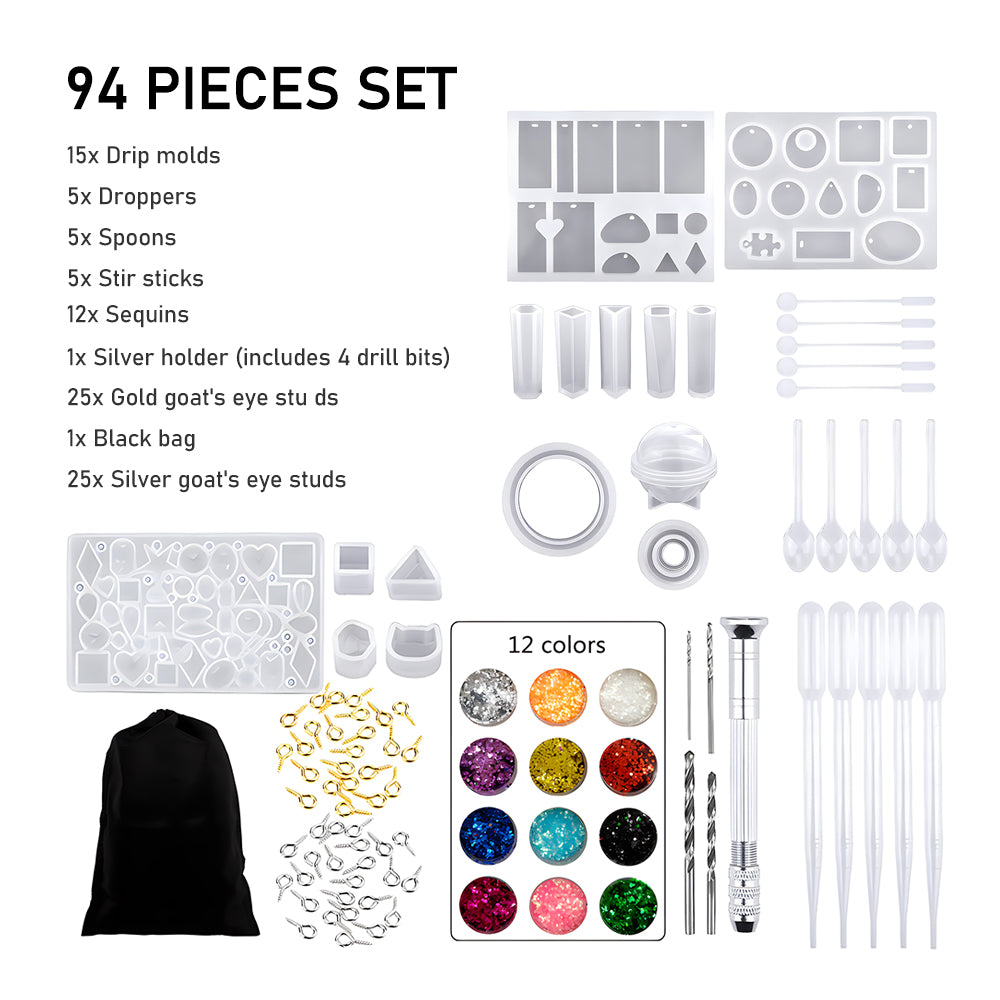 Silicone Moulds for DIY Resin Jewellery Making (94 piece starter kit)