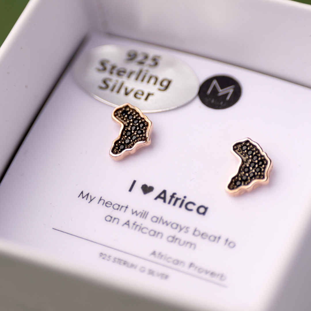 Sterling Silver Rose Gold and Black Africa Stud Earrings