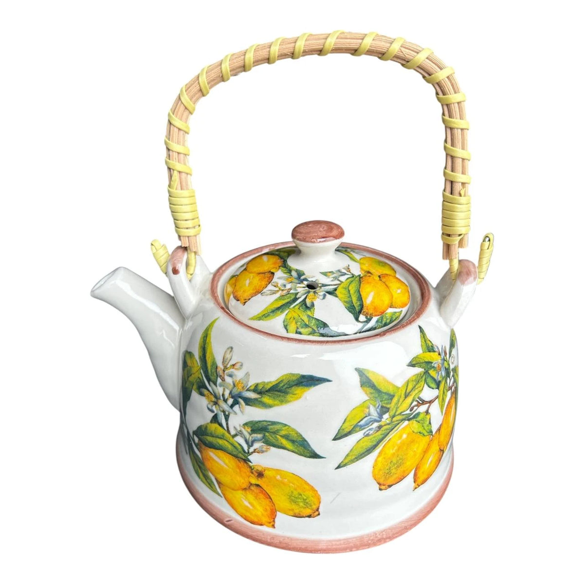 Lemon Botanical Ceramic Teapot with Woven Handle
