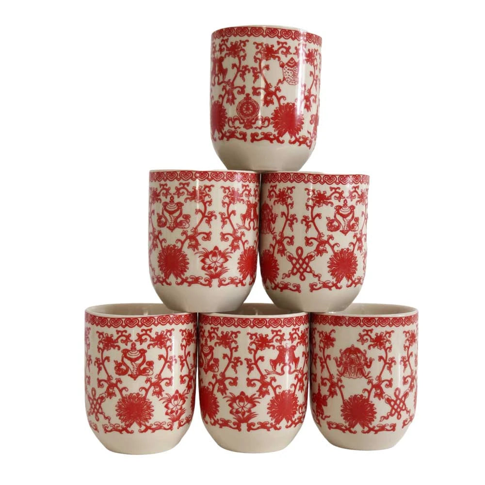 Red Floral & Vine Mini Ceramic Cups (Set of 6)