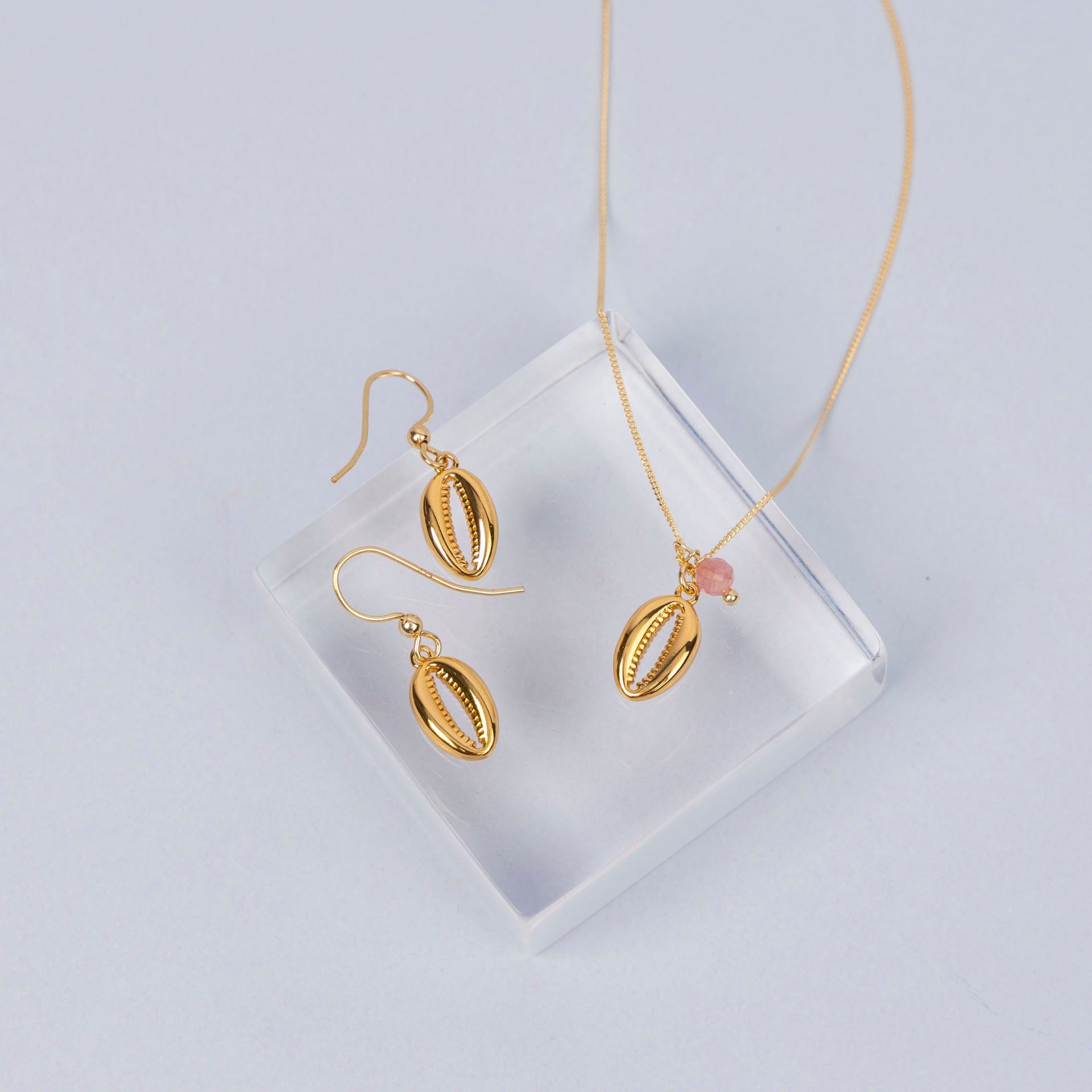 Cowrie Shell Necklace with Pink Tourmaline (gold-dipped)