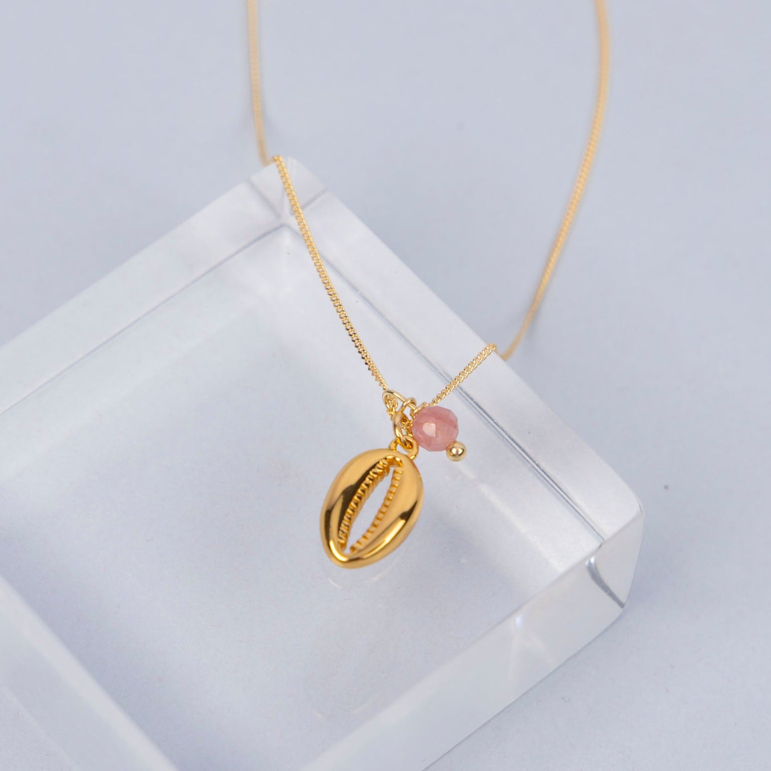 Cowrie Shell Necklace with Pink Tourmaline (gold-dipped)