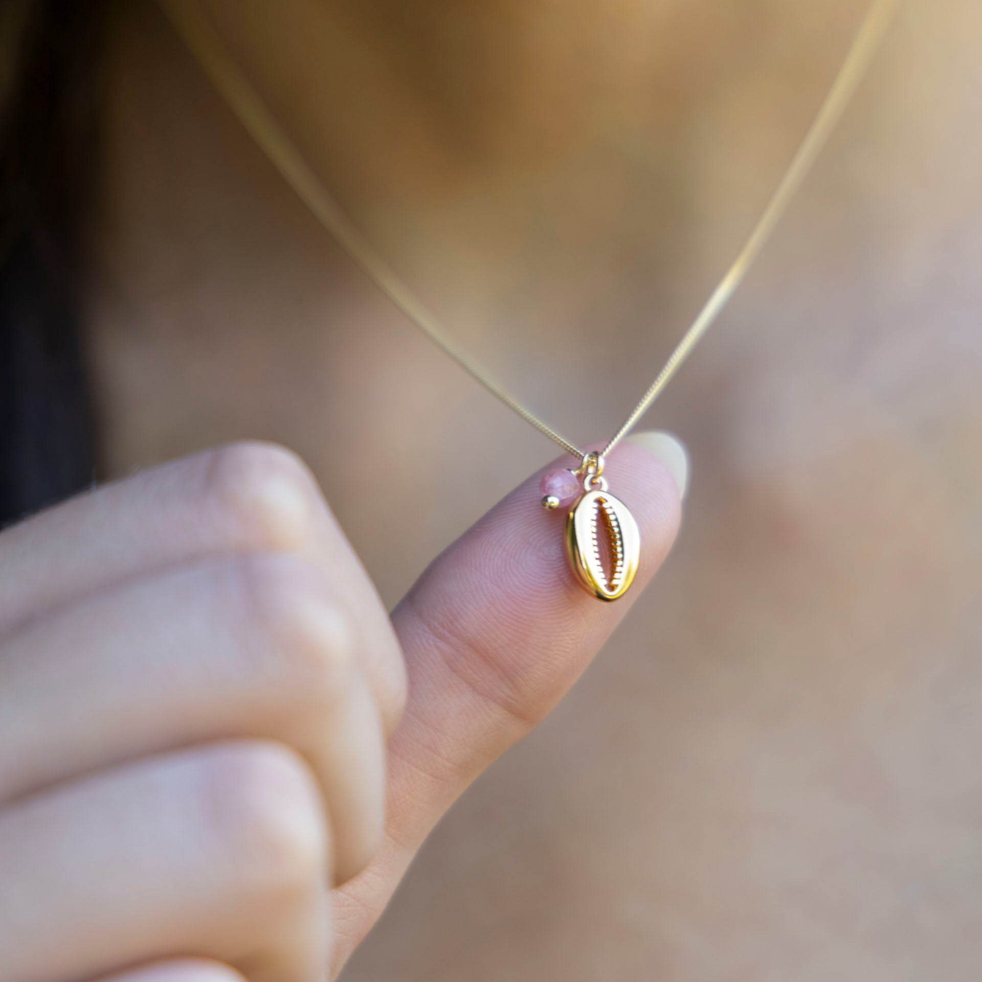 Cowrie Shell Necklace with Pink Tourmaline (gold-dipped)