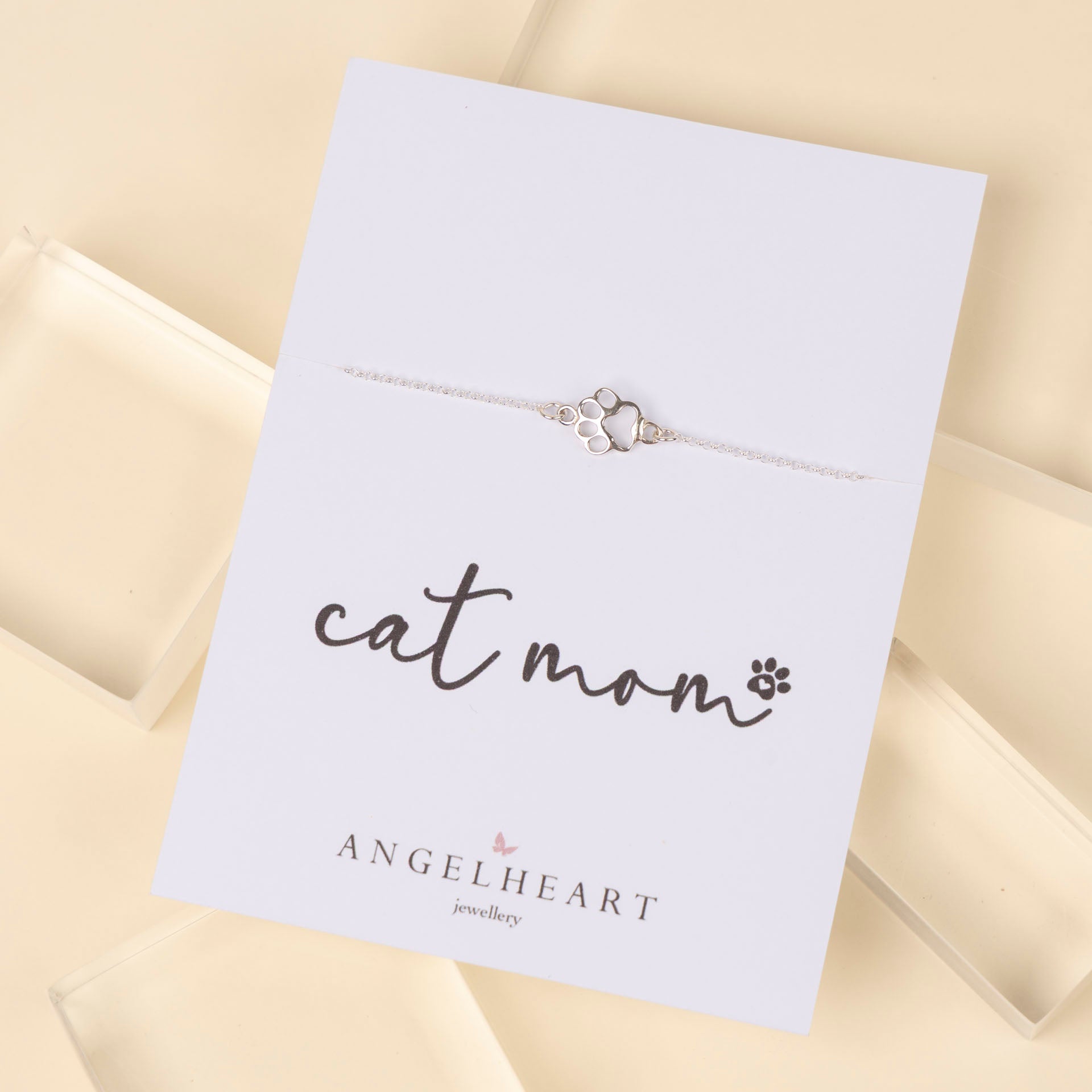 "Cat Mom" Paw Print Bracelet (sterling silver or gold-dipped)