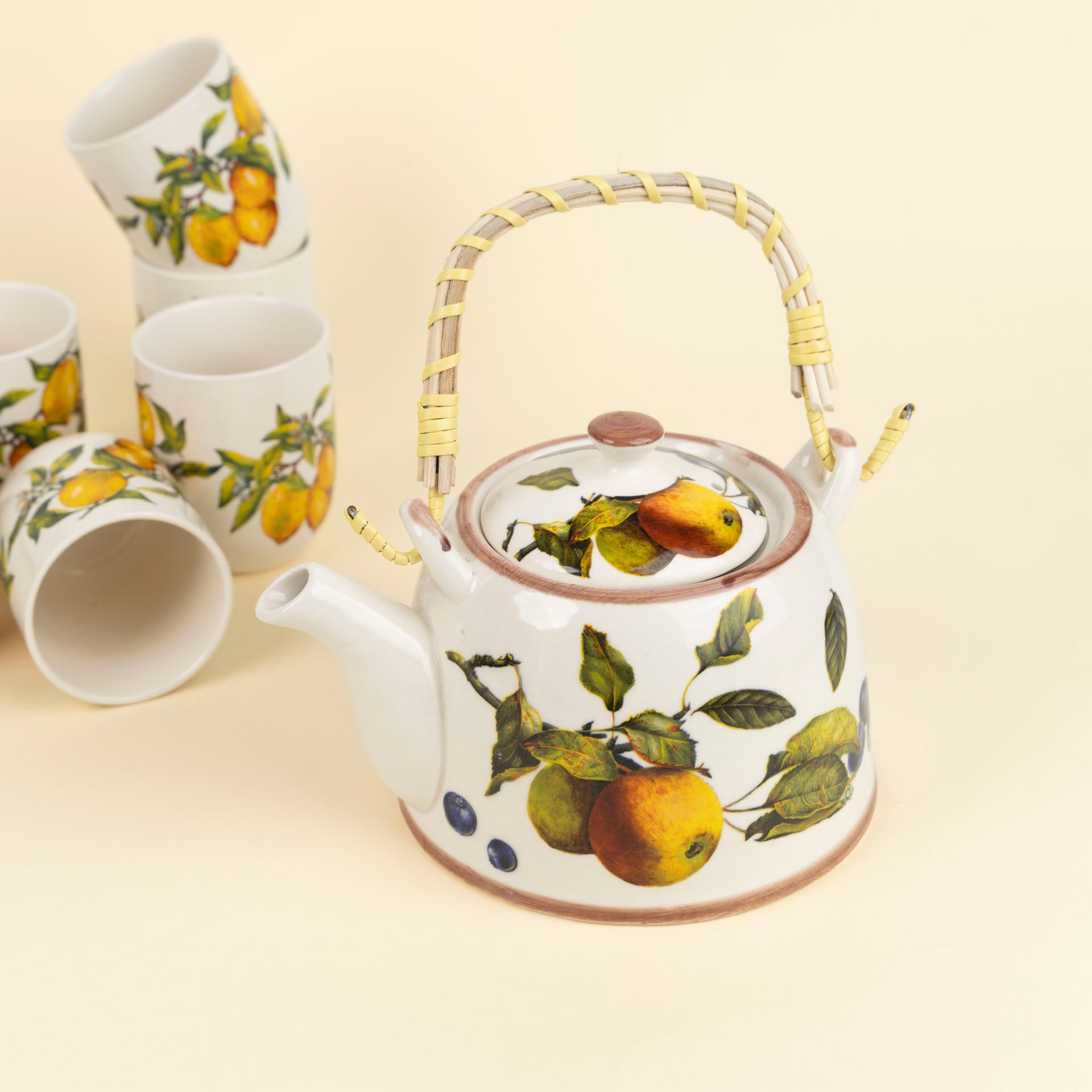Pear & Blueberry Ceramic Teapot with Woven Handle