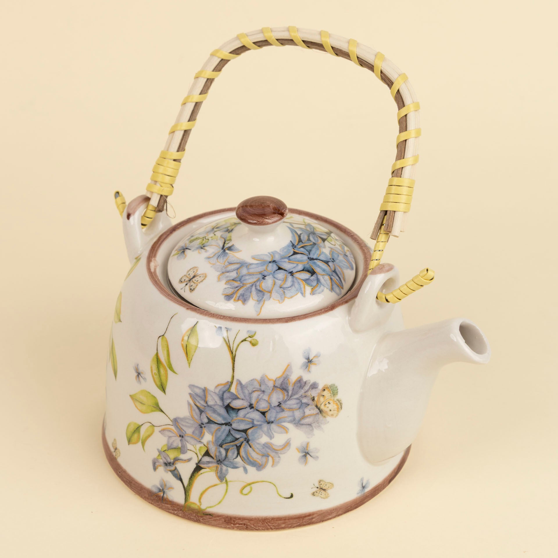 Blue Frangipani Ceramic Teapot with Woven Handle