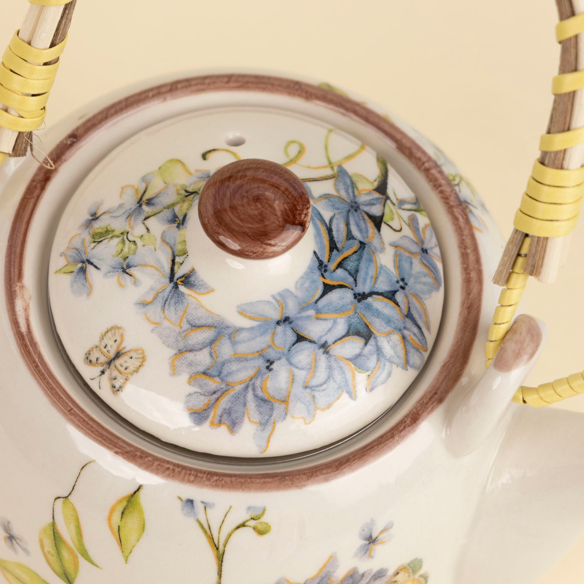 Blue Frangipani Ceramic Teapot with Woven Handle