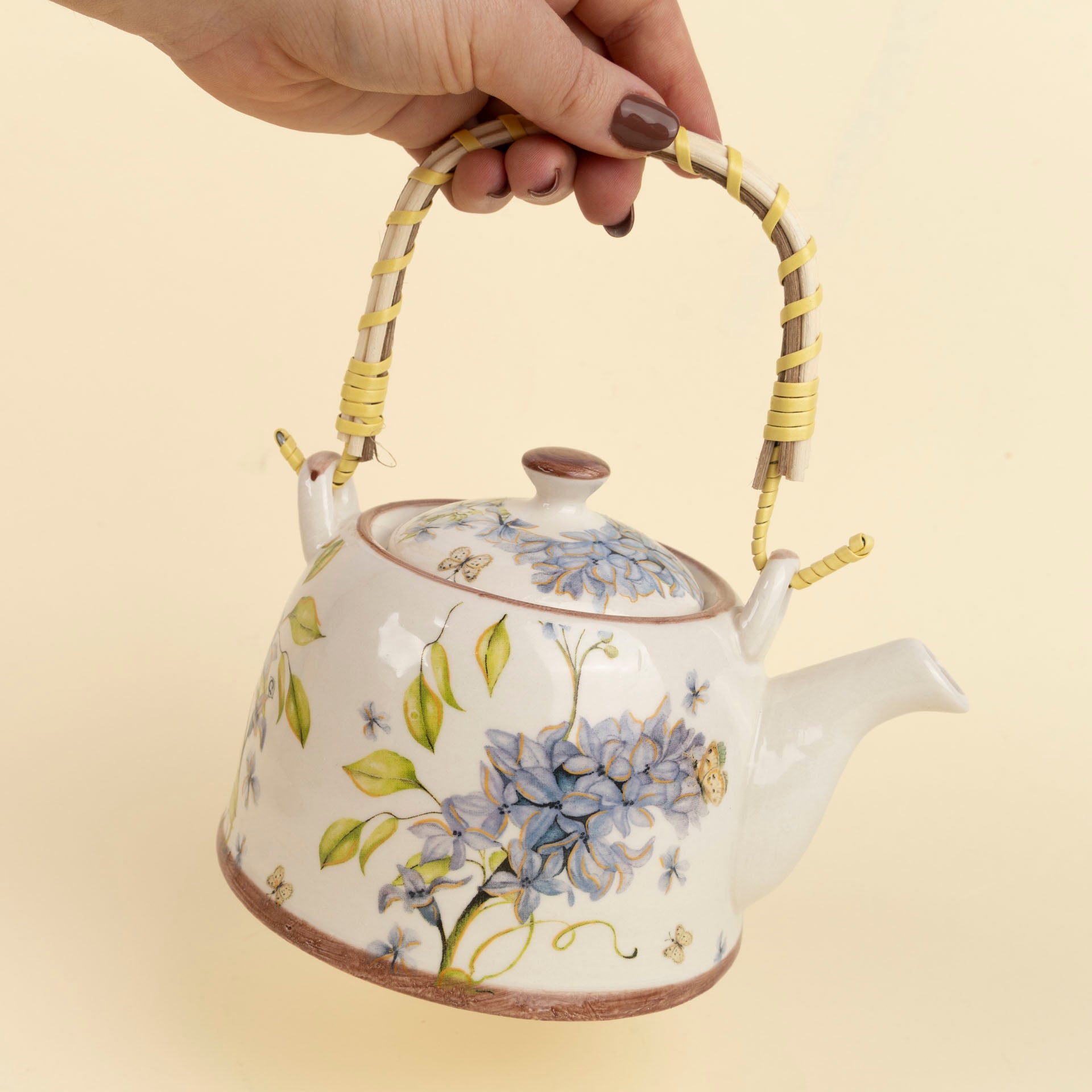 Blue Frangipani Ceramic Teapot with Woven Handle