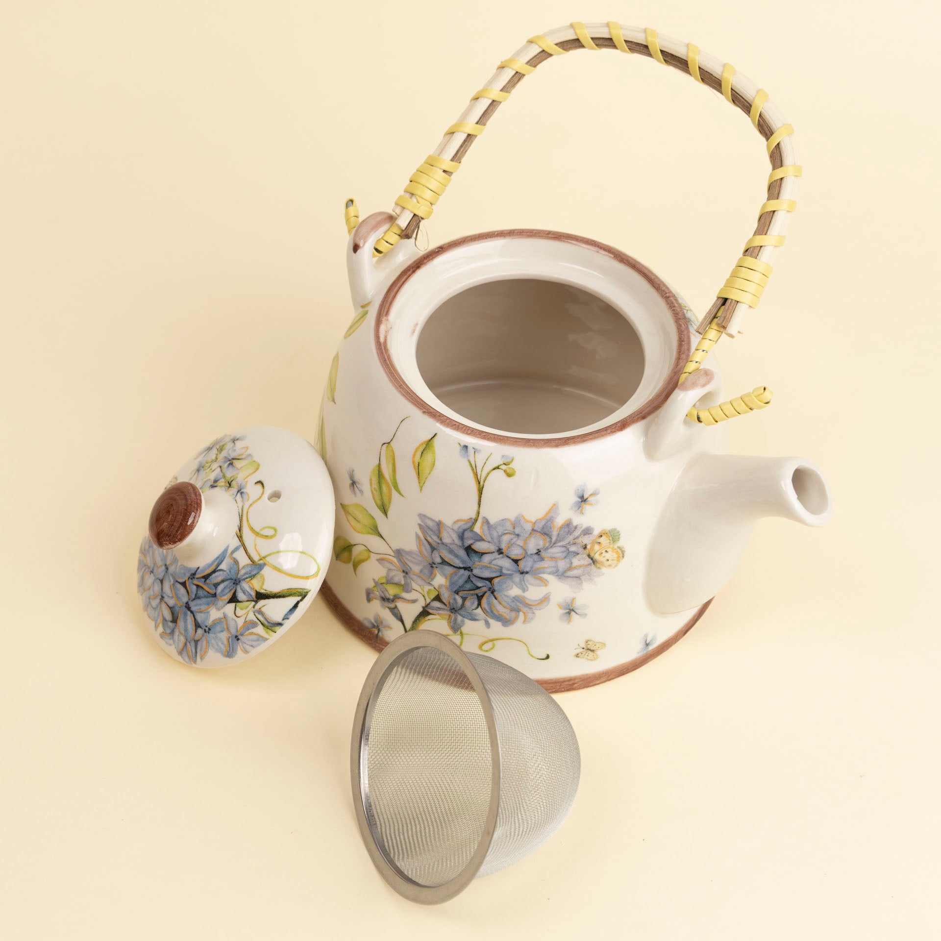 Blue Frangipani Ceramic Teapot with Woven Handle
