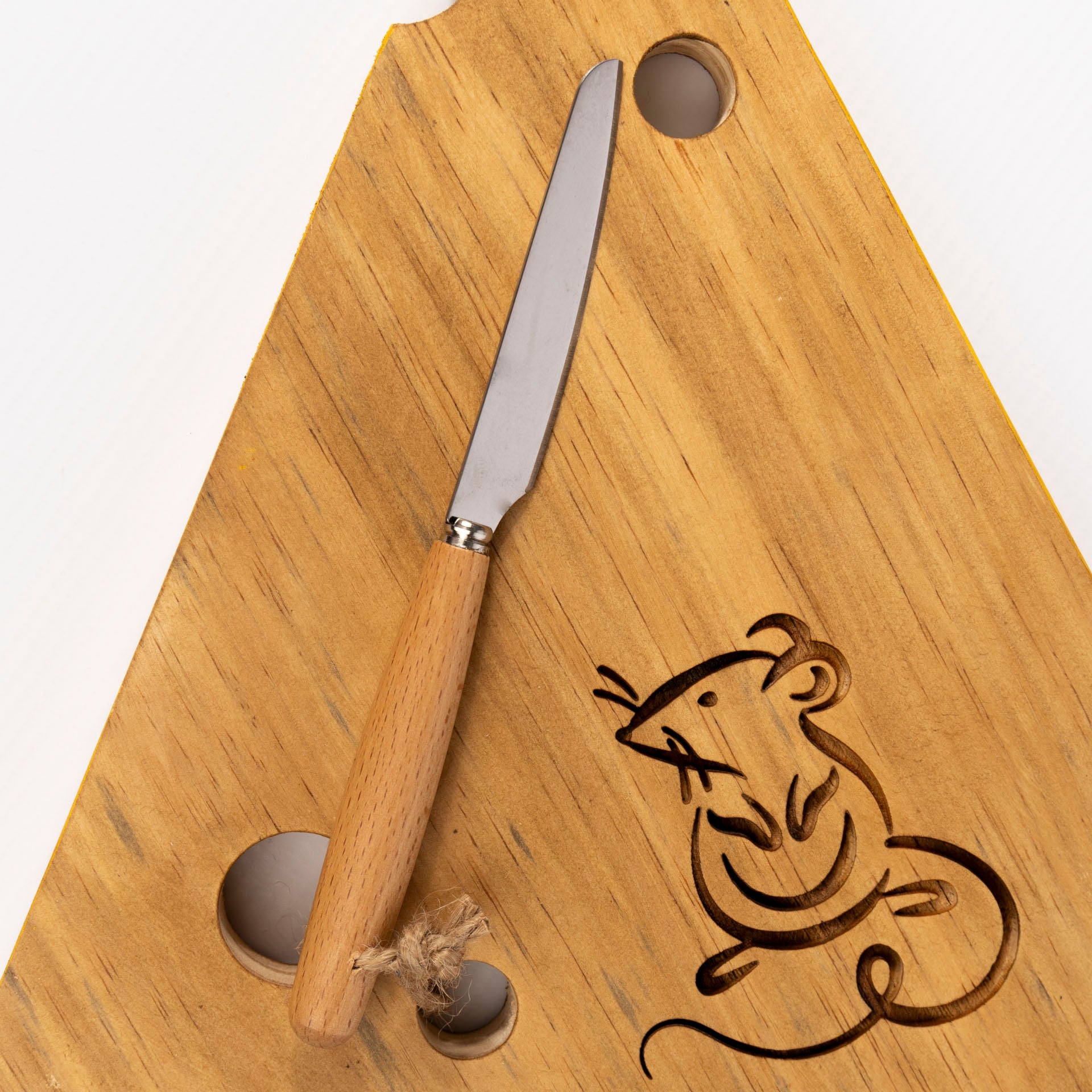 Wooden Cheese Platter with Mouse Design & Cheese Knife Set