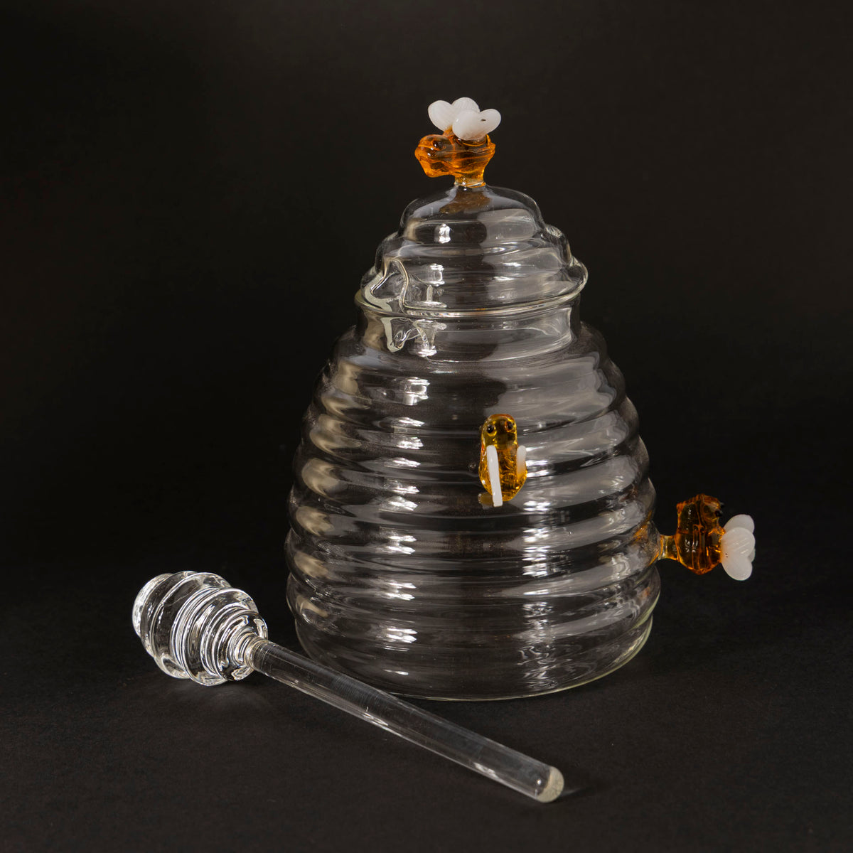 Handcrafted Glass Honey Pot with Dipper & Bee Accents