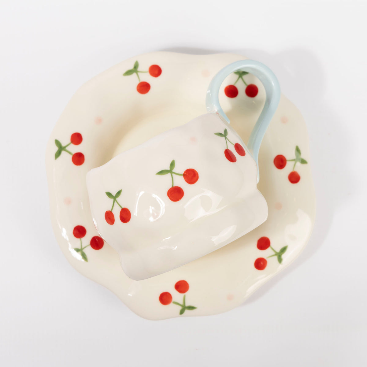 Cherries Ceramic Cup and Saucer Set (assorted colours)