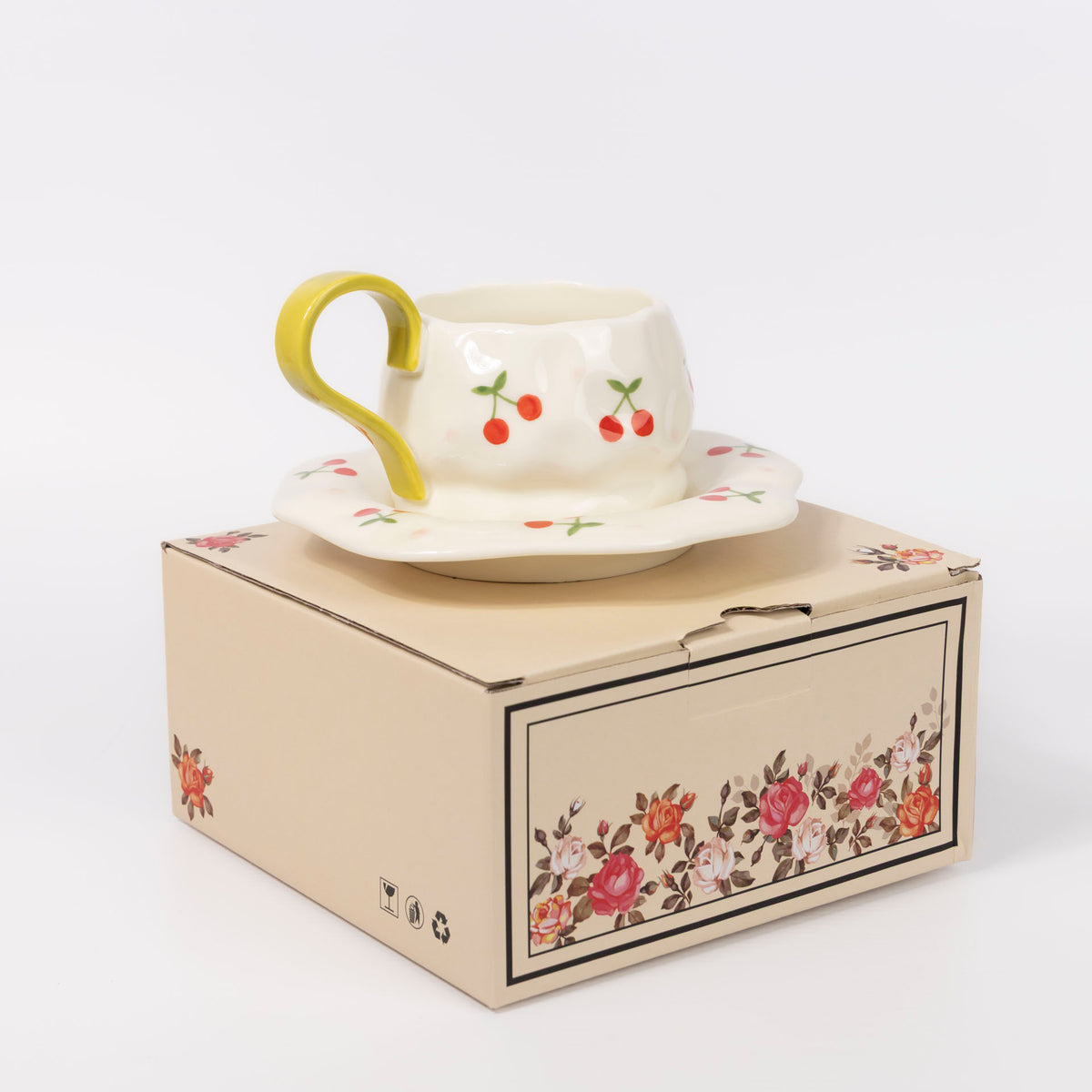 Cherries Ceramic Cup and Saucer Set (assorted colours)