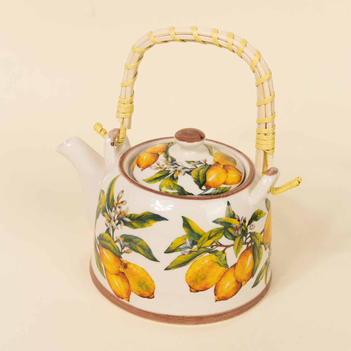 Lemon Botanical Ceramic Teapot with Woven Handle