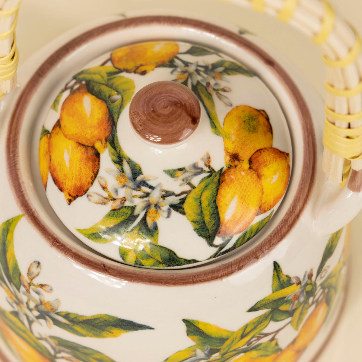 Lemon Botanical Ceramic Teapot with Woven Handle