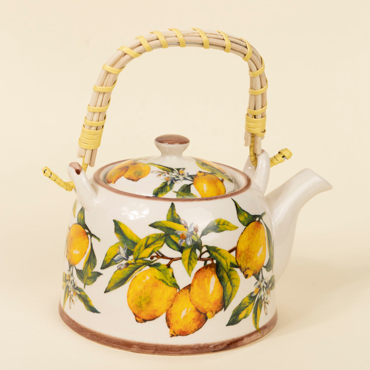 Lemon Botanical Ceramic Teapot with Woven Handle