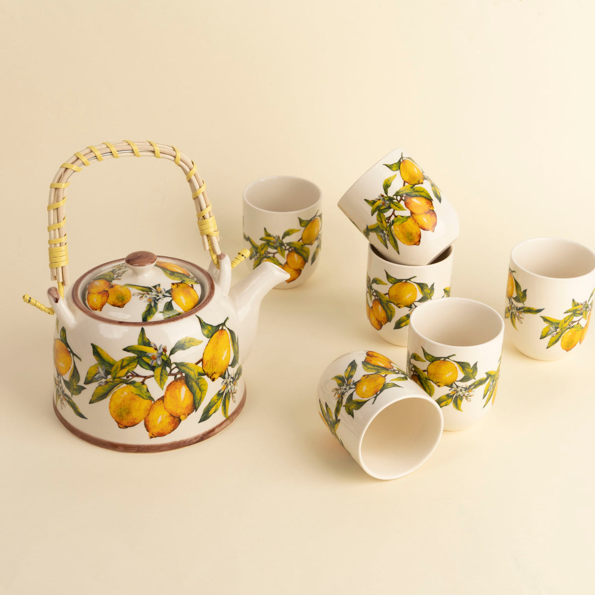 Lemon Botanical Ceramic Teapot with Woven Handle
