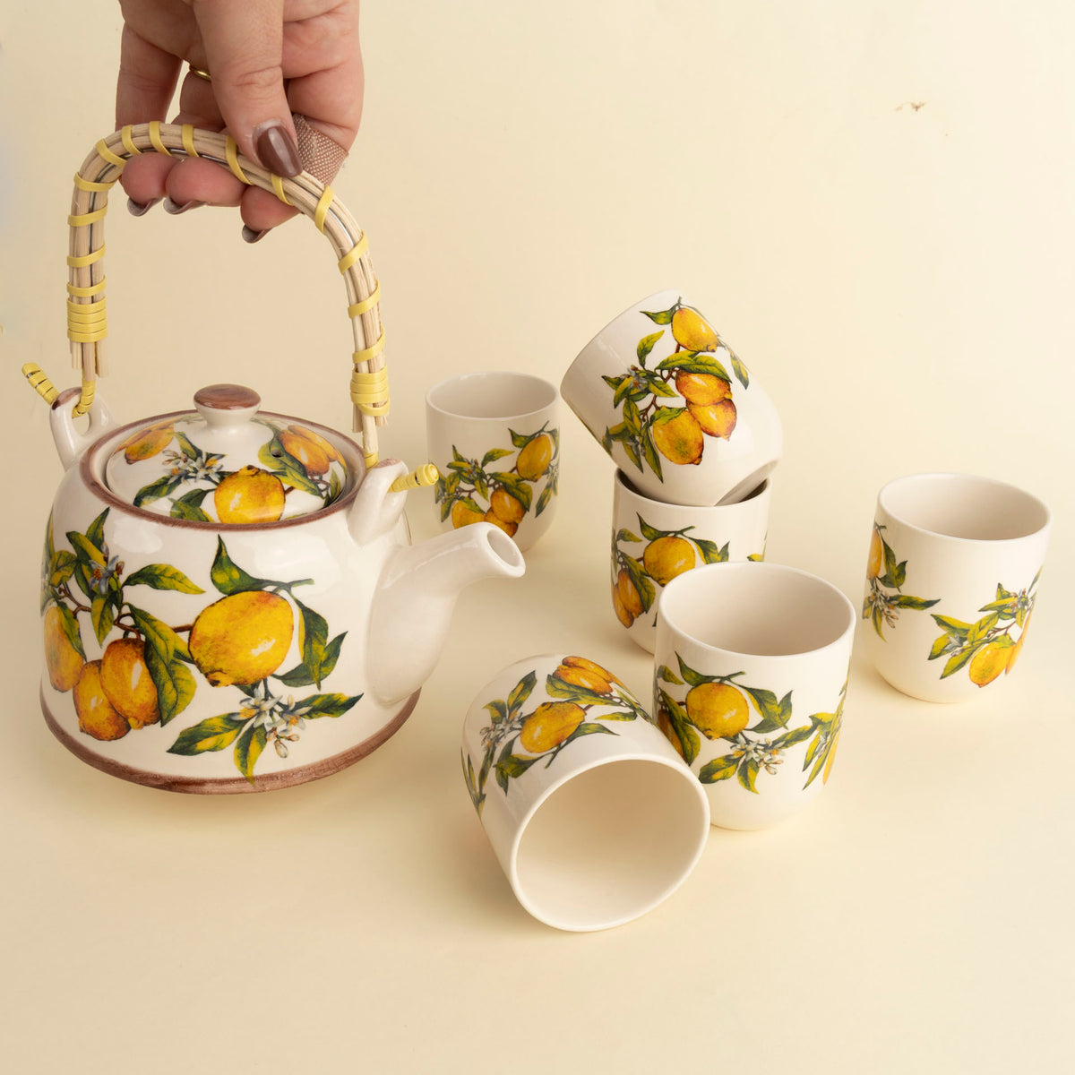 Lemon Botanical Ceramic Teapot with Woven Handle