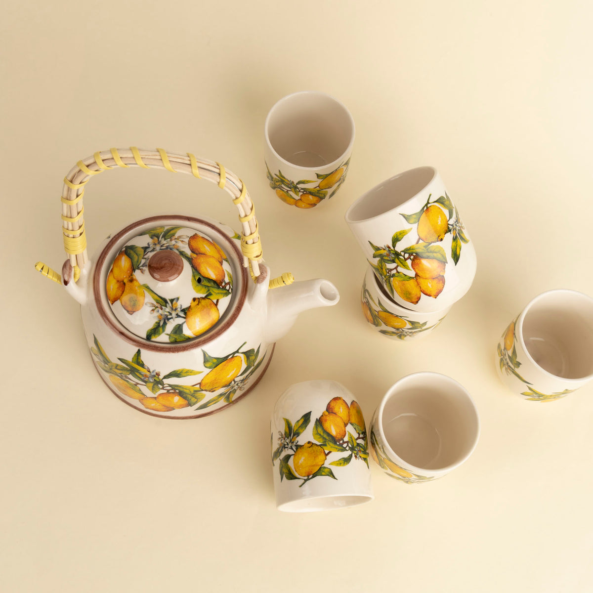 Lemon Botanical Ceramic Teapot with Woven Handle