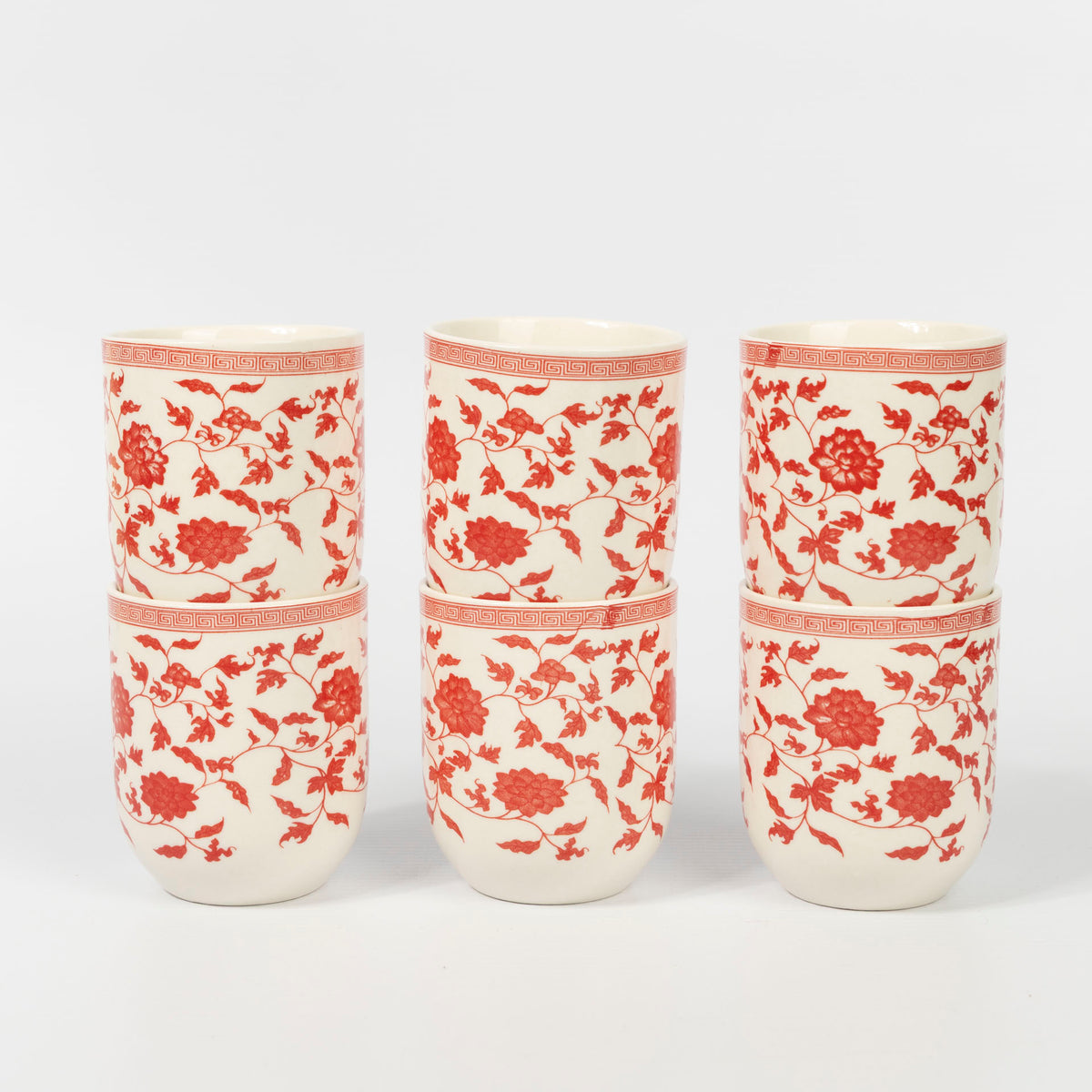 Red Floral & Vine Mini Ceramic Cups (Set of 6)