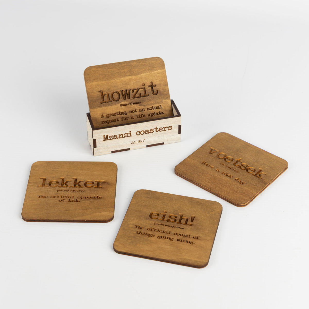 Mzansi Novelty Wooden Coasters with Stand (set of 4)