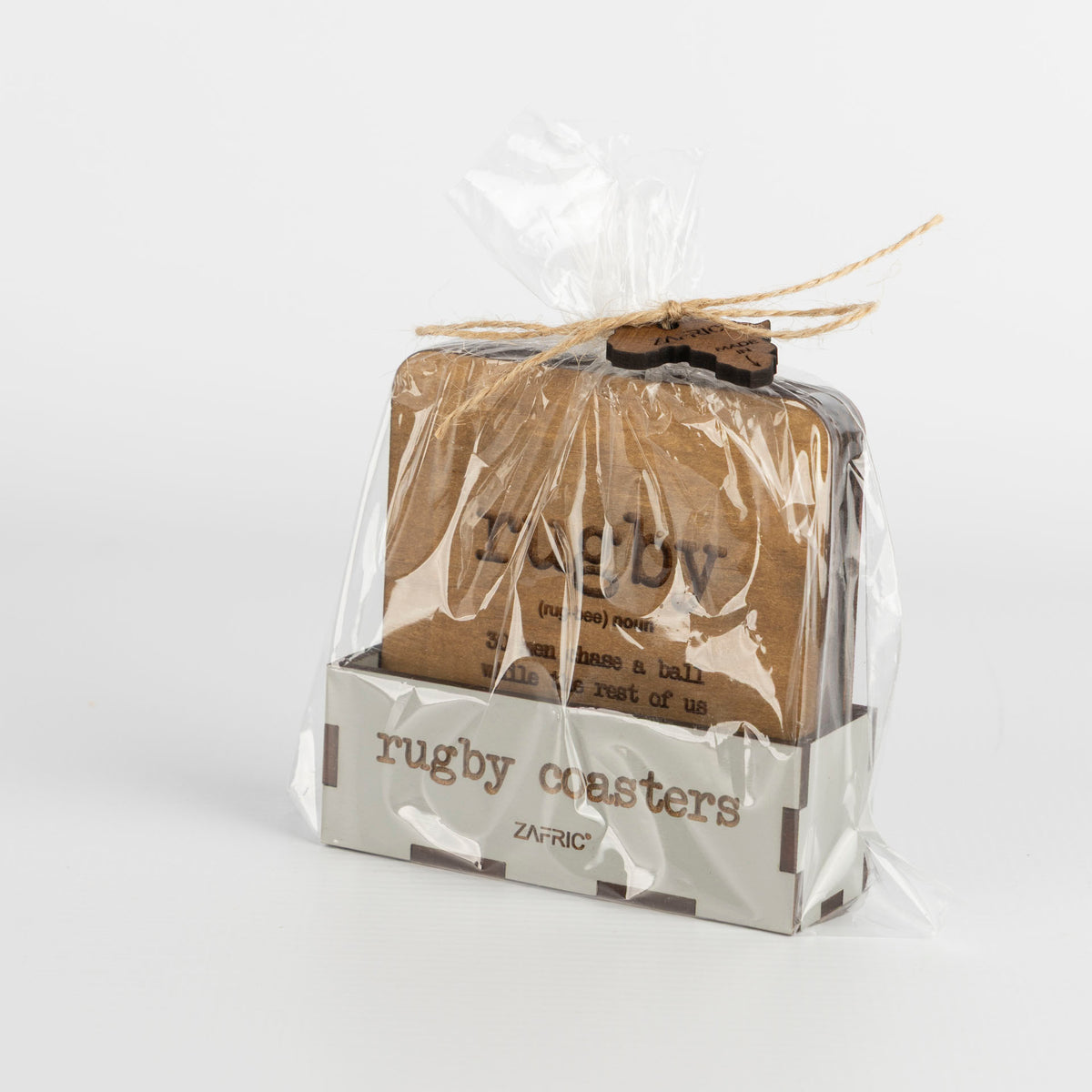 Wooden Rugby-Themed Coasters with Stand (set of 4)