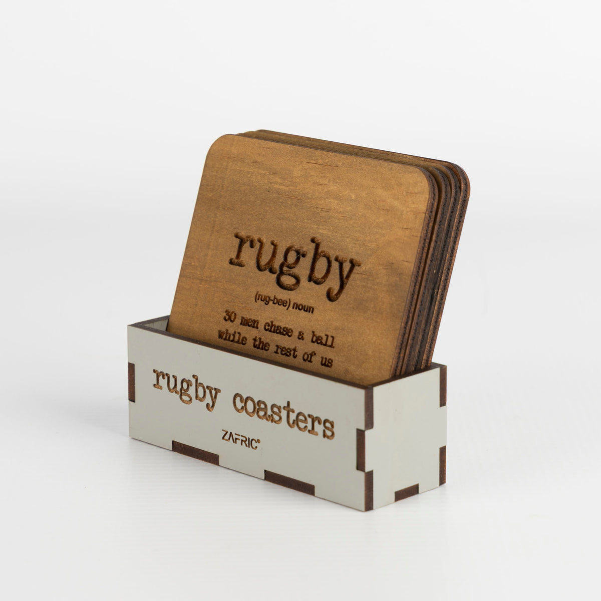 Wooden Rugby-Themed Coasters with Stand (set of 4)