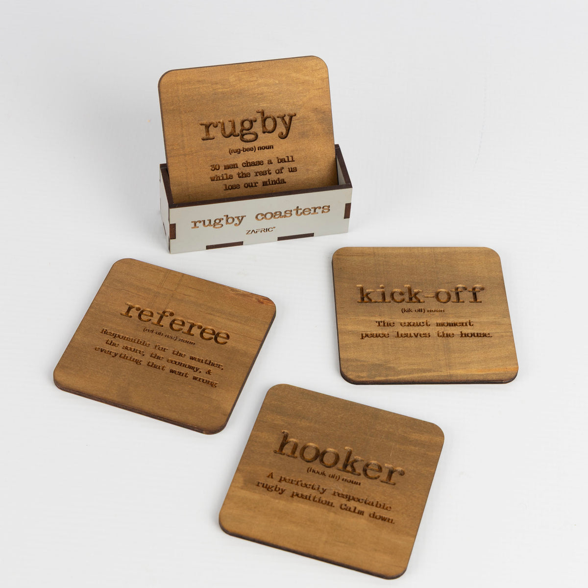 Wooden Rugby-Themed Coasters with Stand (set of 4)
