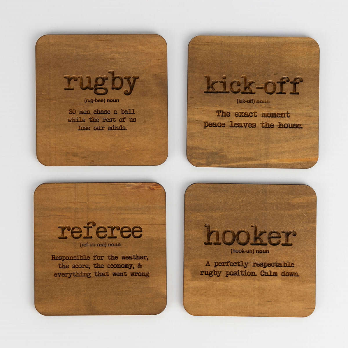 Wooden Rugby-Themed Coasters with Stand (set of 4)