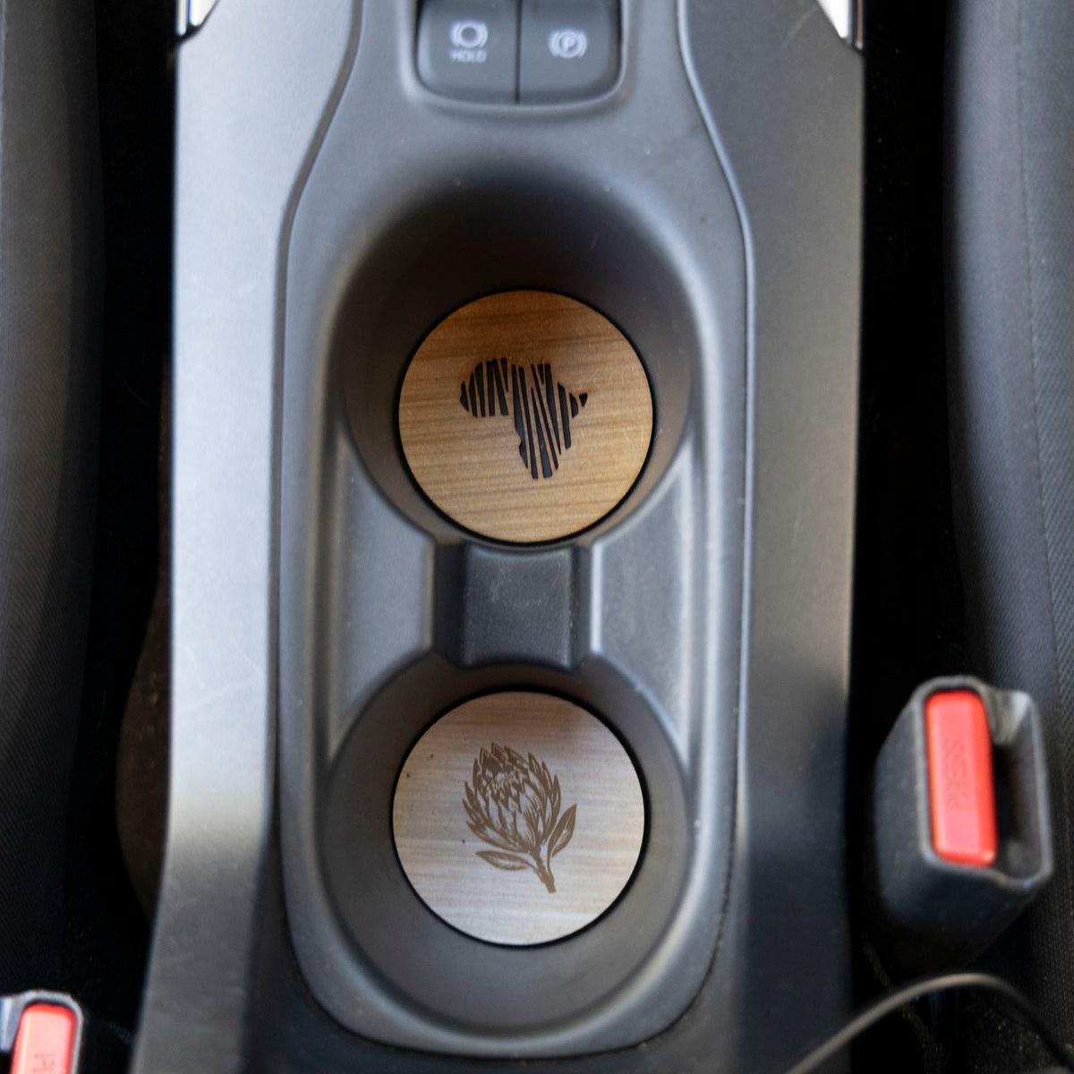 Wooden Protea & Africa Car Coasters (Set of 2)