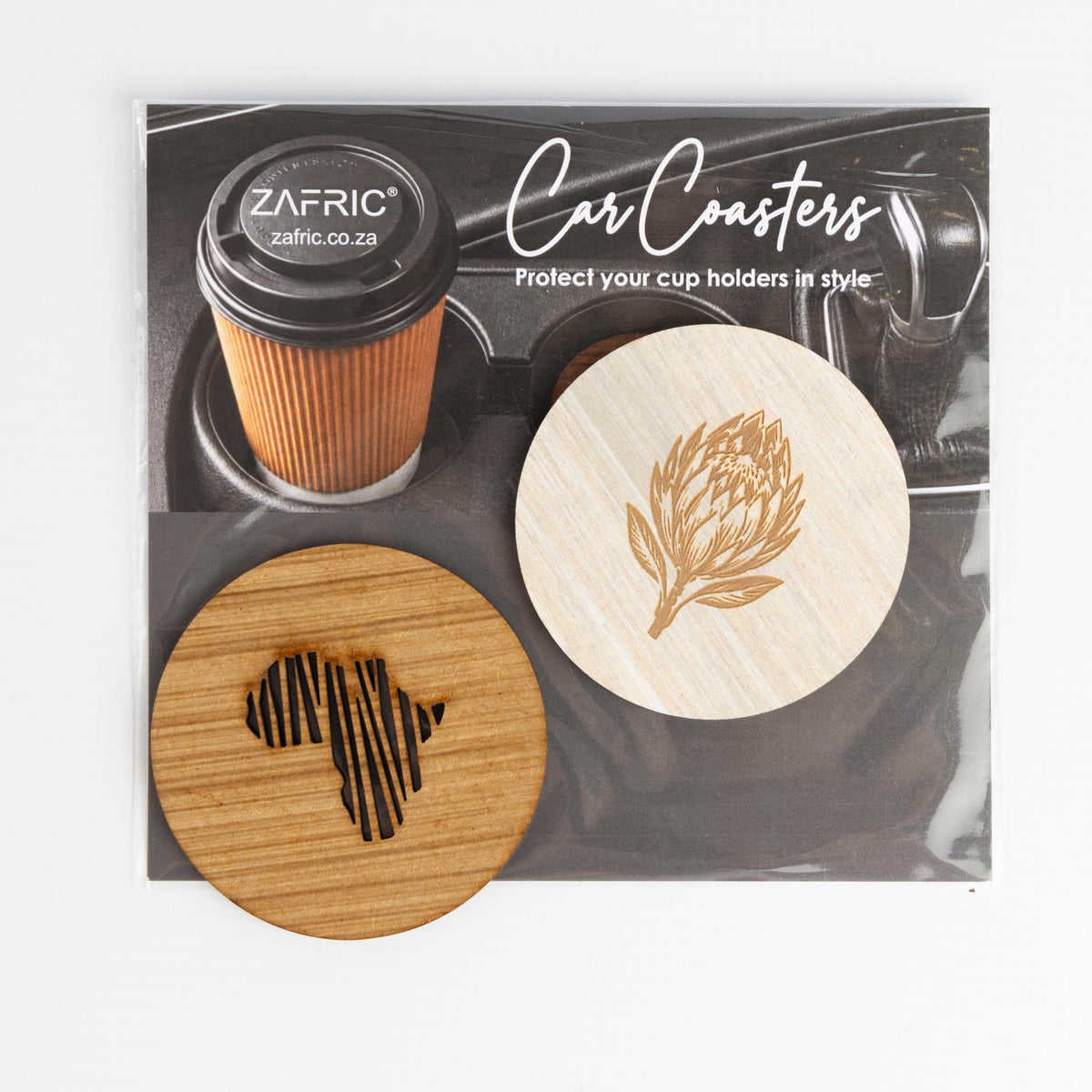 Wooden Protea & Africa Car Coasters (Set of 2)