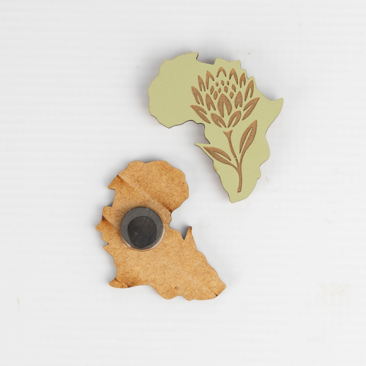 Wooden Africa Magnet with Protea Detail (Dusty Pink or Sage)
