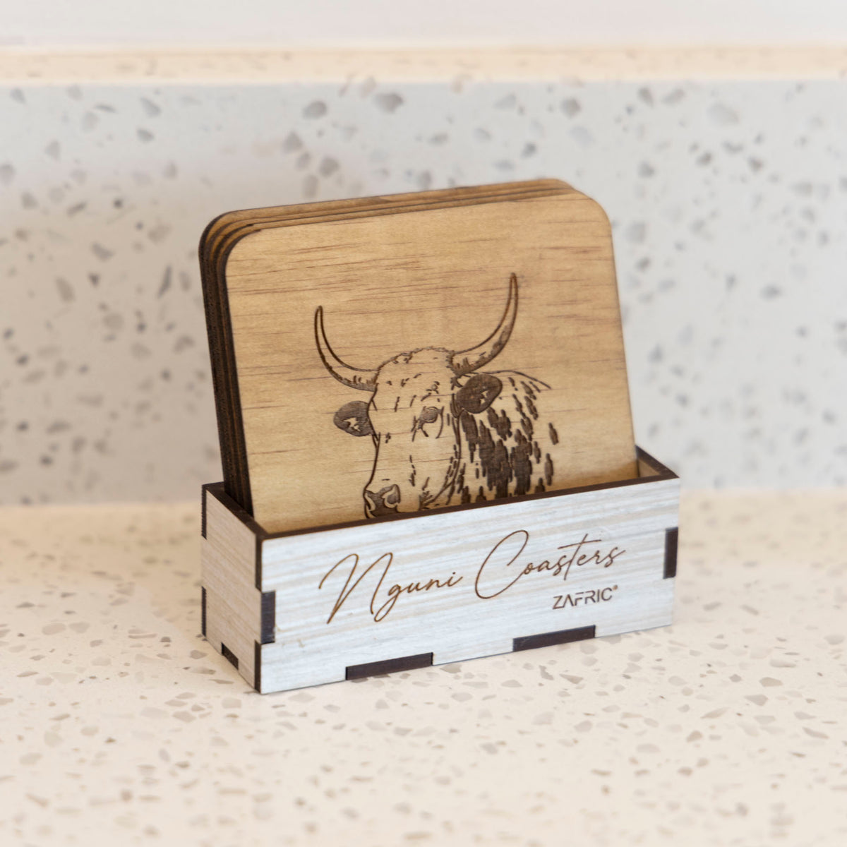 Wooden Nguni Coasters with Stands (set of 4)