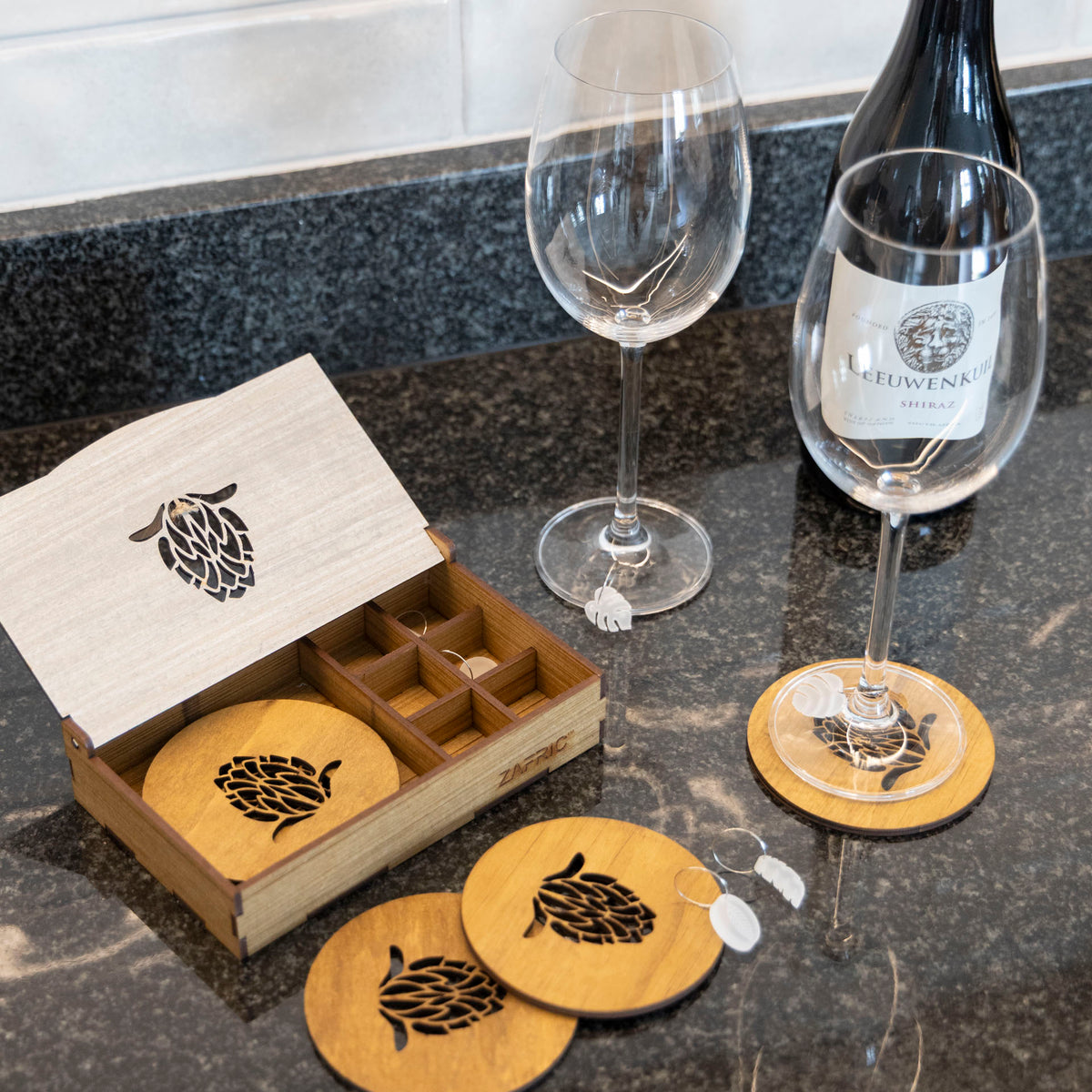Protea Coasters and Wine Glass Charms Gift Set