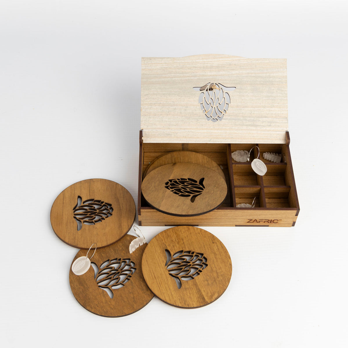 Protea Coasters and Wine Glass Charms Gift Set