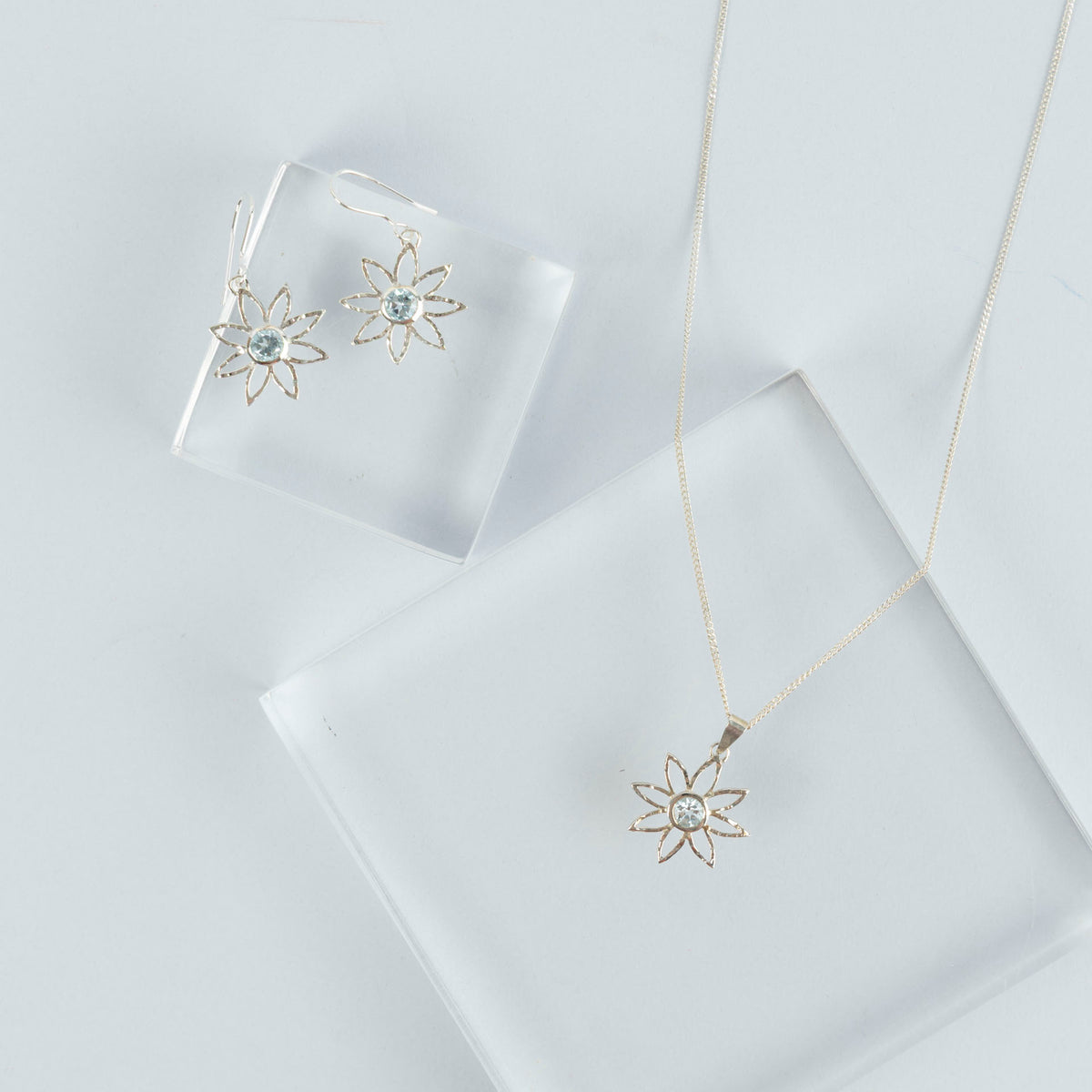 Sterling Silver and Blue Topaz Floral Necklace