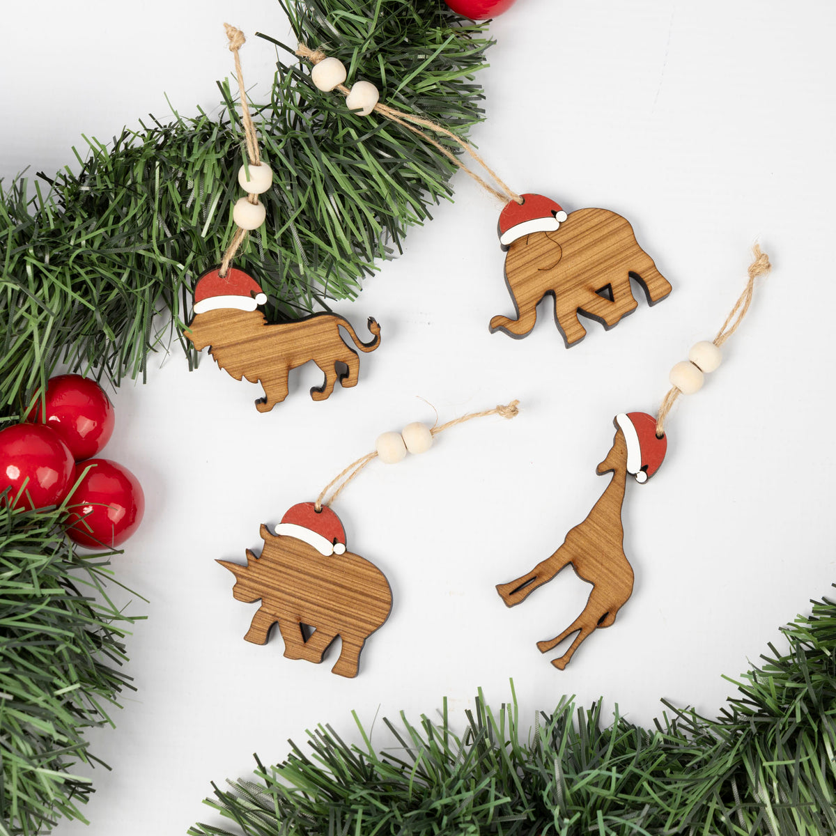 African Animals with Christmas Hats Tree Decorations