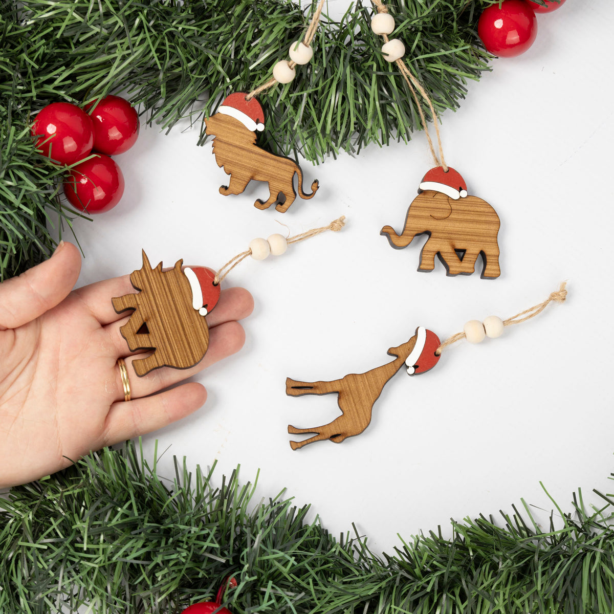 African Animals with Christmas Hats Tree Decorations