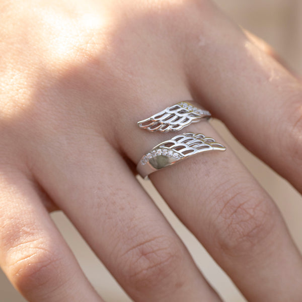 925 Sterling Silver Adjustable Wings Ring – Chunky Angel Wing Wrap Ring, Thumb Or Any Finger, Hallmarked UK
