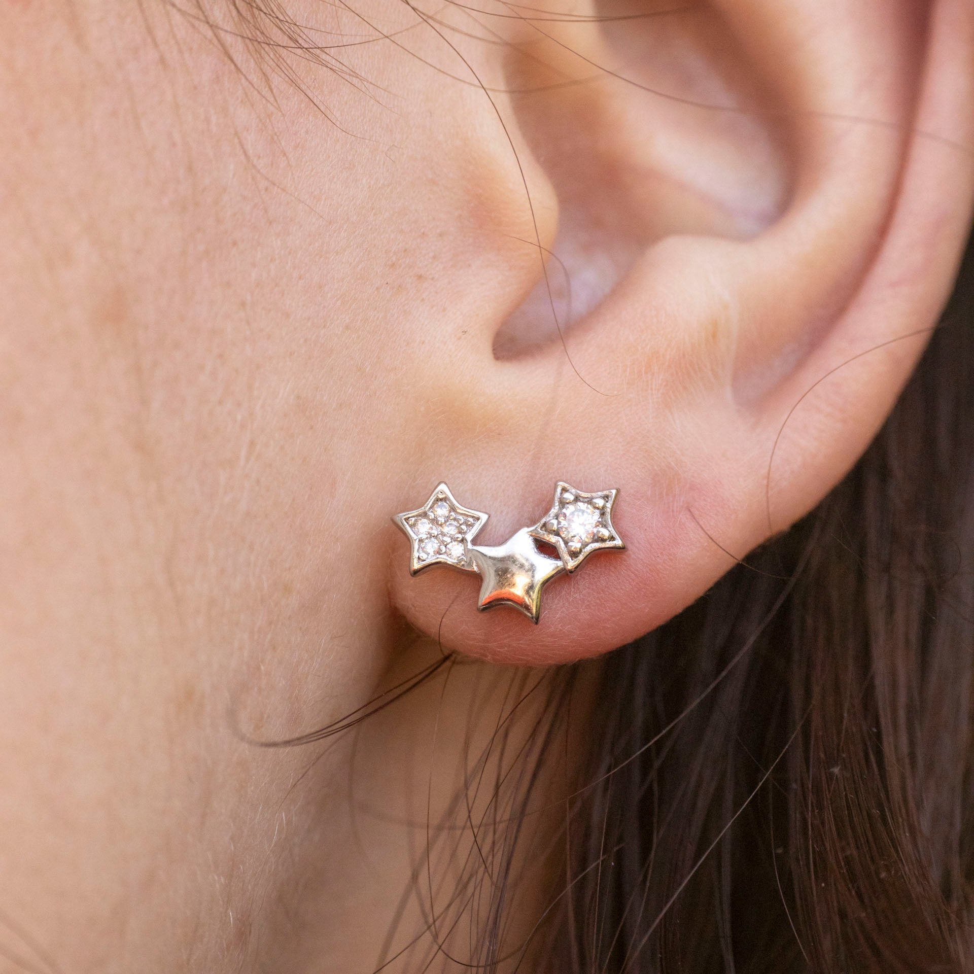 Sterling Silver Trio of Stars Stud Earrings