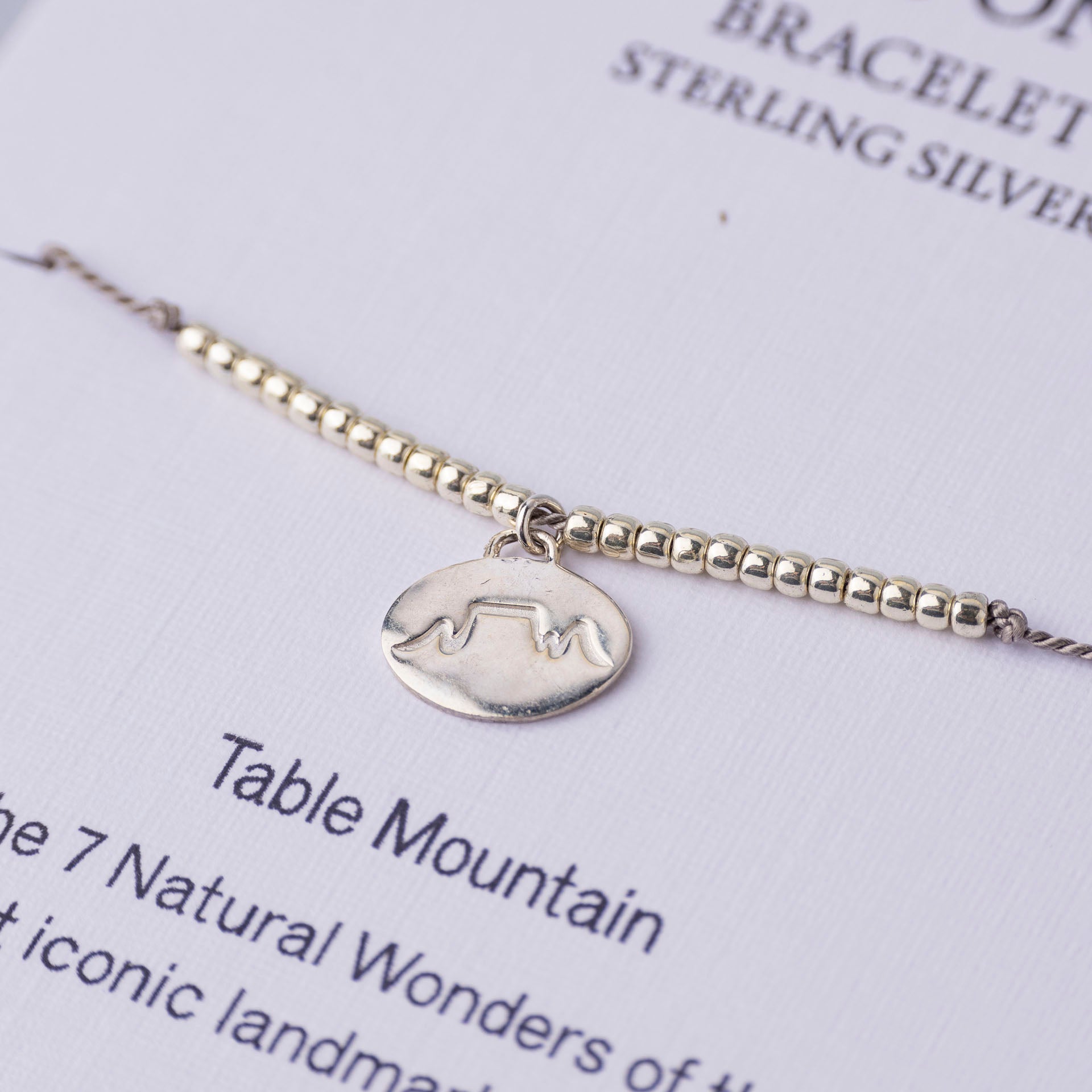 Sterling Silver Table Mountain Bracelet on Silk Cord