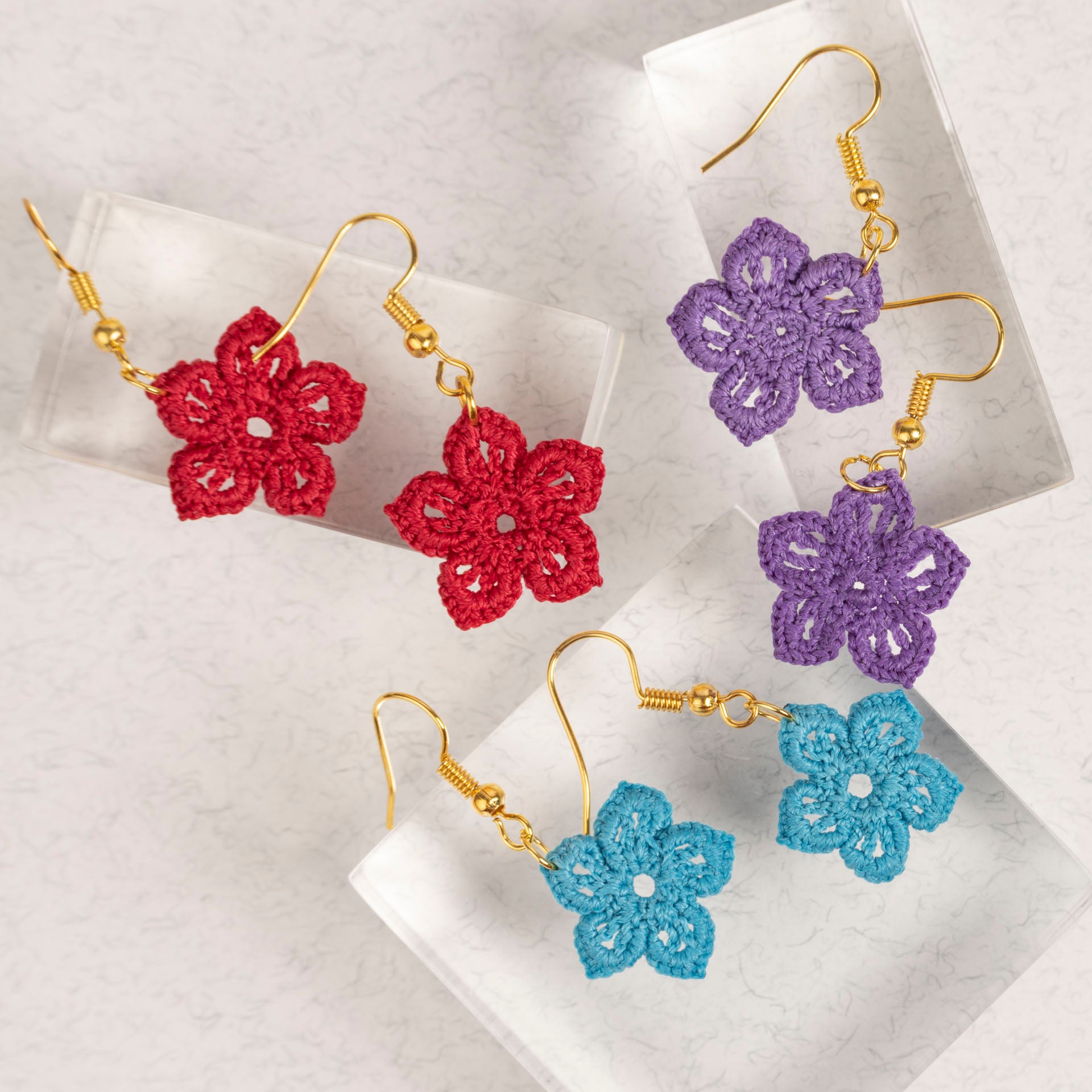 Micro Crochet Flower Dangle Earrings (assorted colours)