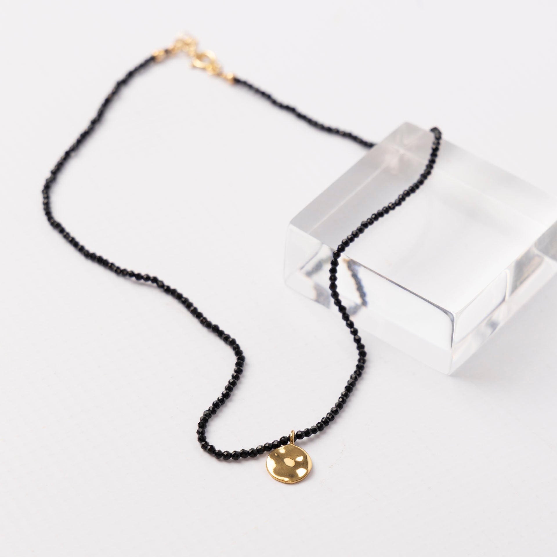 "Centred" Hammered Gold Disc Pendant with Back Spinel Chain