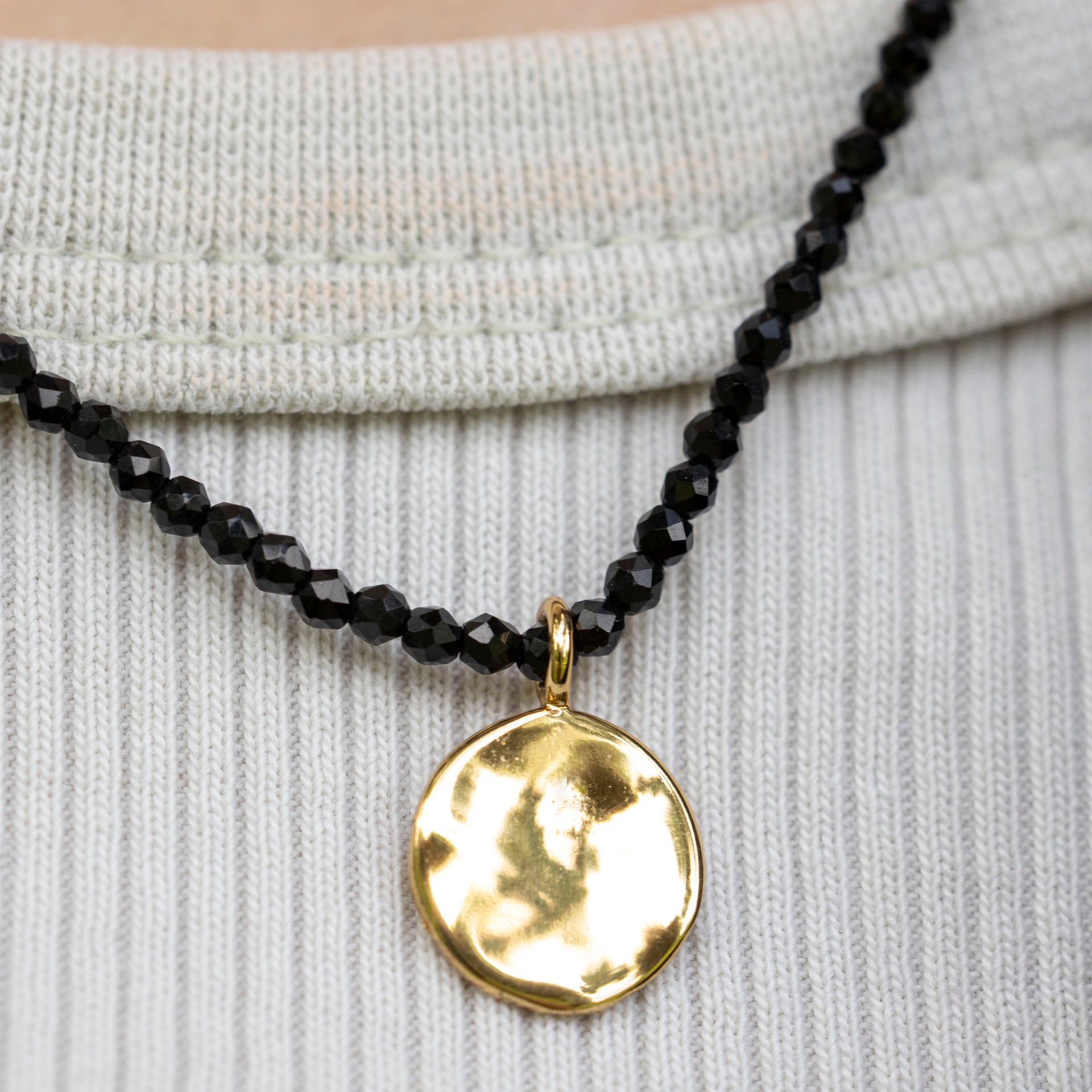 "Centred" Hammered Gold Disc Pendant with Back Spinel Chain