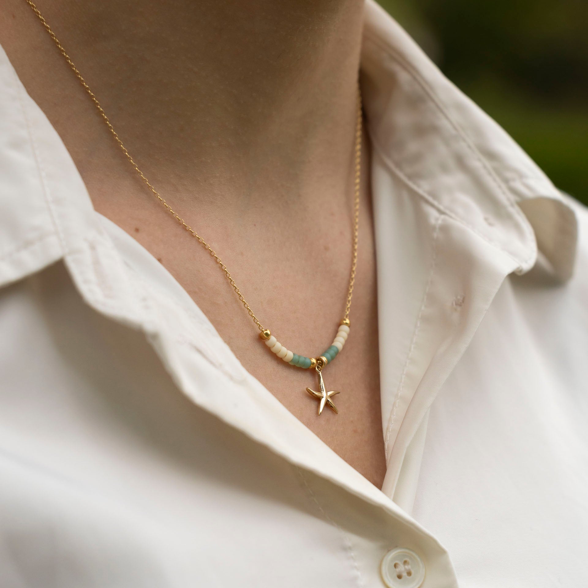 Beaded Starfish Charm Necklace (Gold-Dipped)