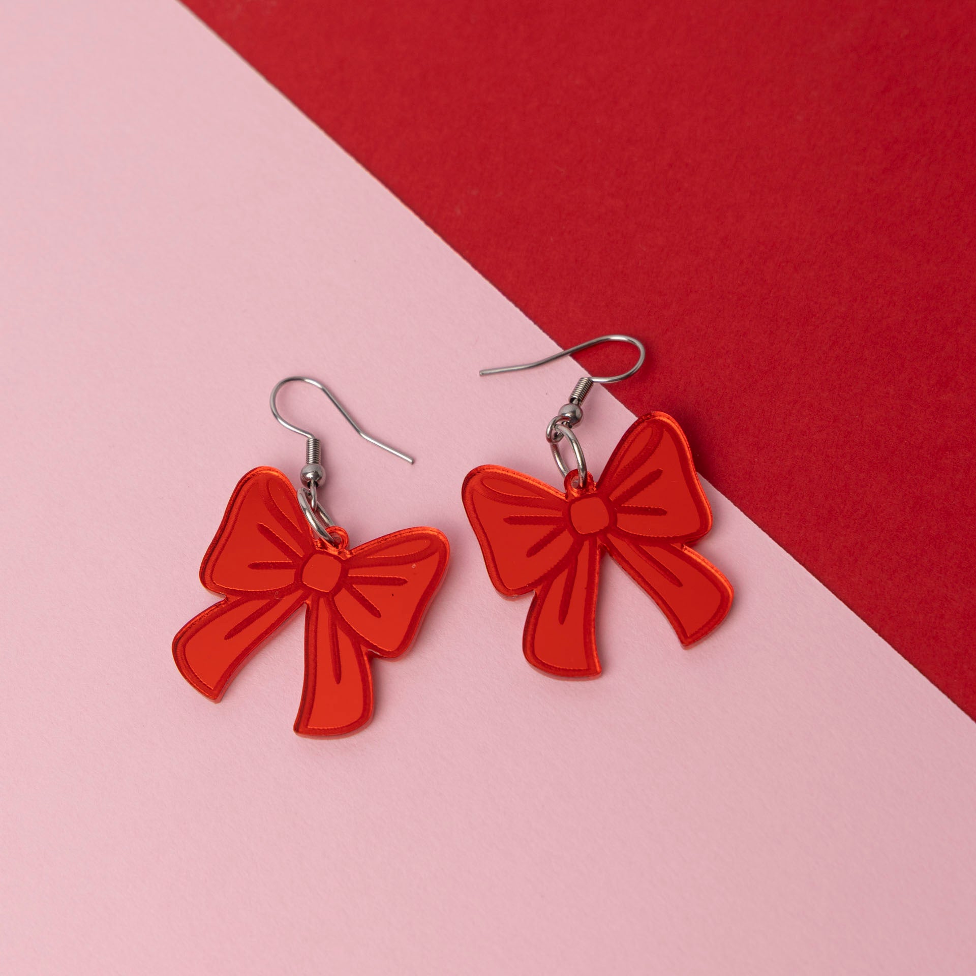 Christmas Bows Acrylic Novelty Earrings (Pink or Red)
