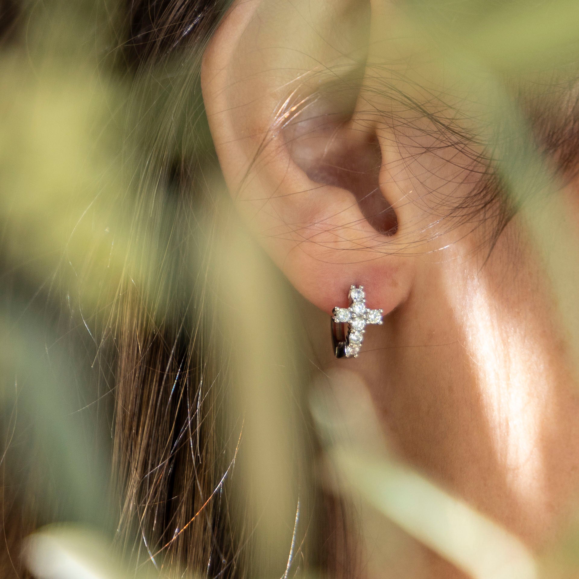 Sterling Silver Diamanté Cross Huggie Earrings