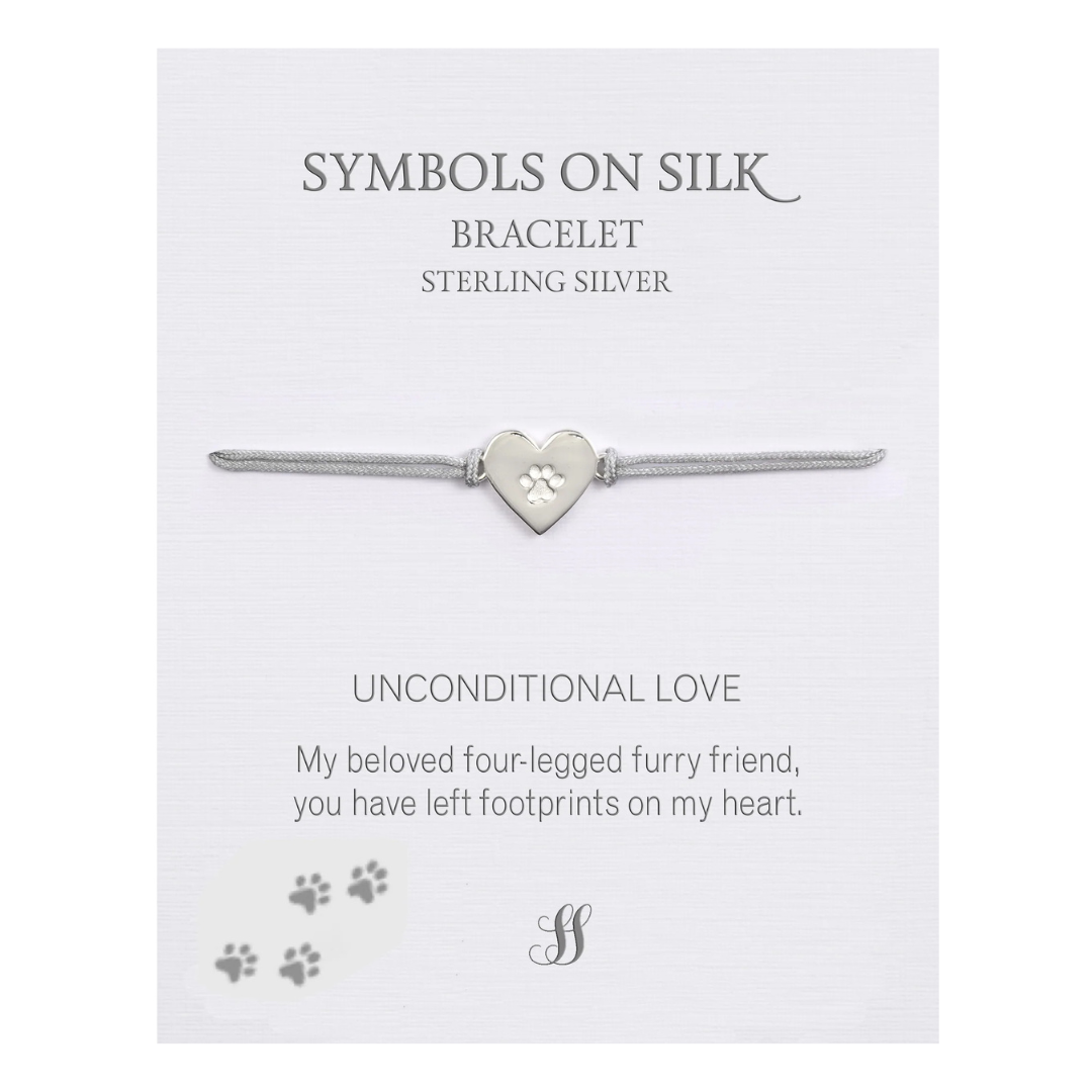 Sterling Silver Heart and Pawprint Bracelet on Silk Cord